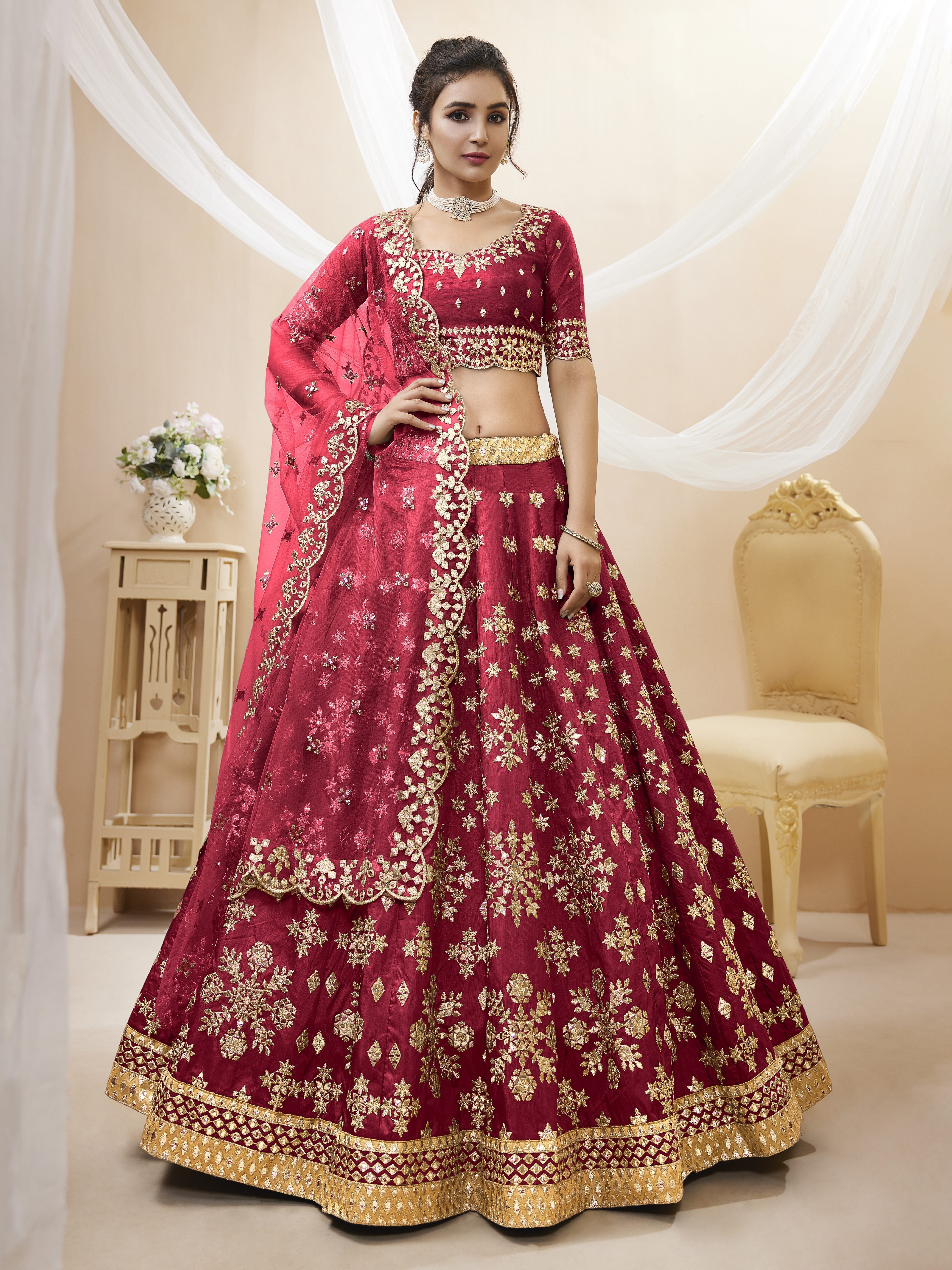 Ready To Wear | Women's Red Art Silk Sequins with Foil & Zari Embroidered Lehenga Choli & Dupatta