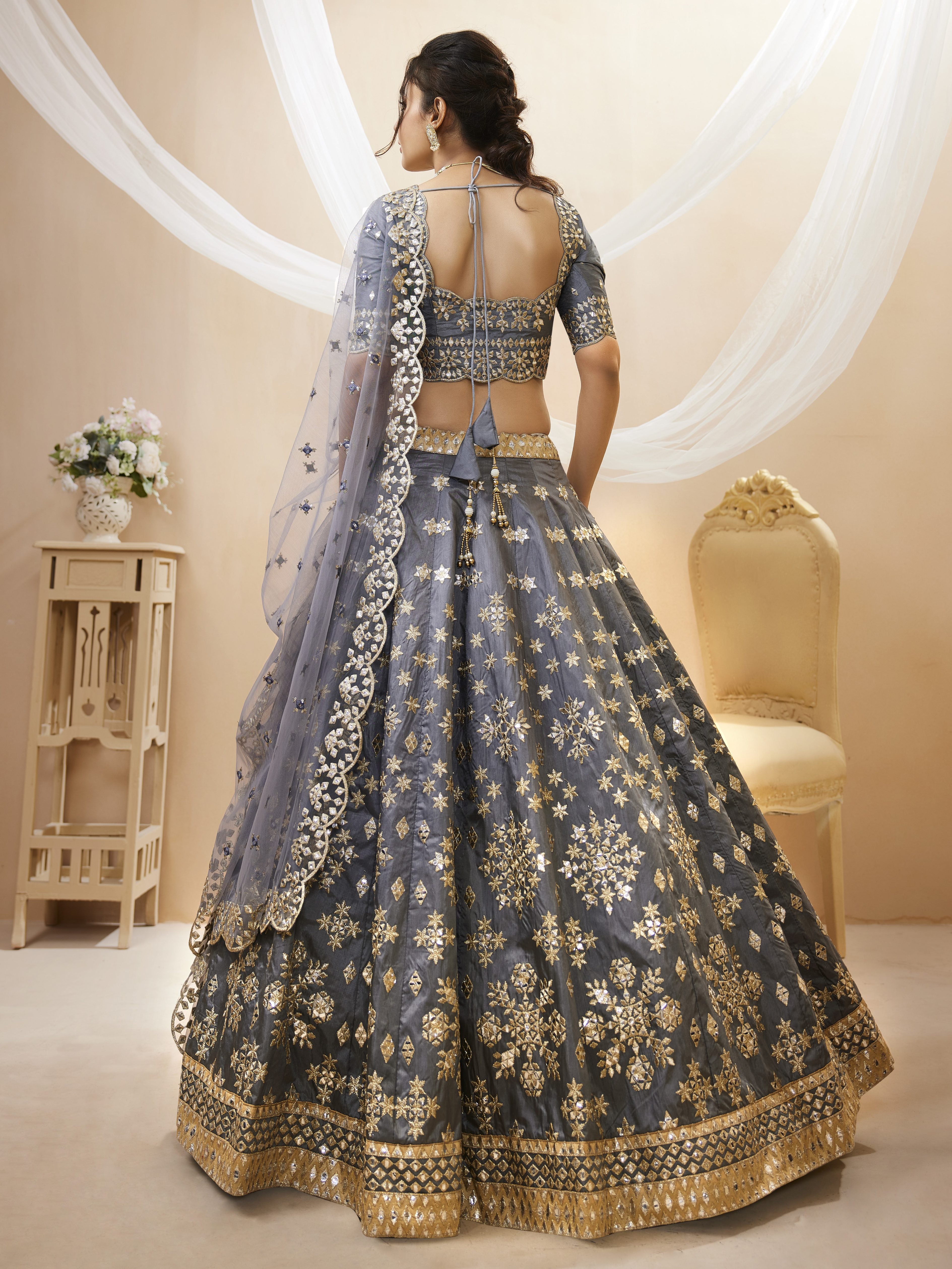 Ready To Wear | Women's Grey Art Silk Sequins with Foil & Zari Embroidered Lehenga Choli & Dupatta