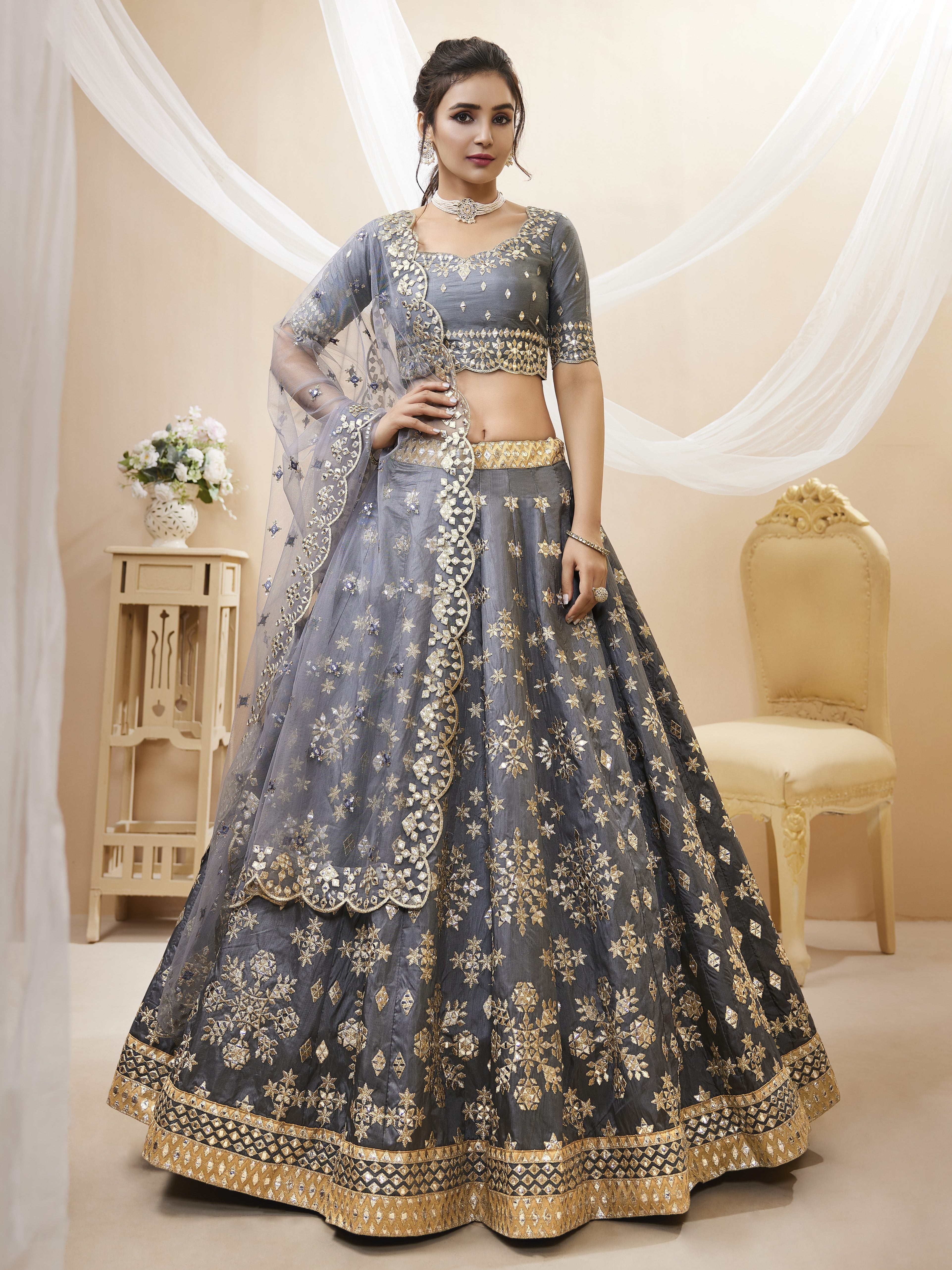 Ready To Wear | Women's Grey Art Silk Sequins with Foil & Zari Embroidered Lehenga Choli & Dupatta