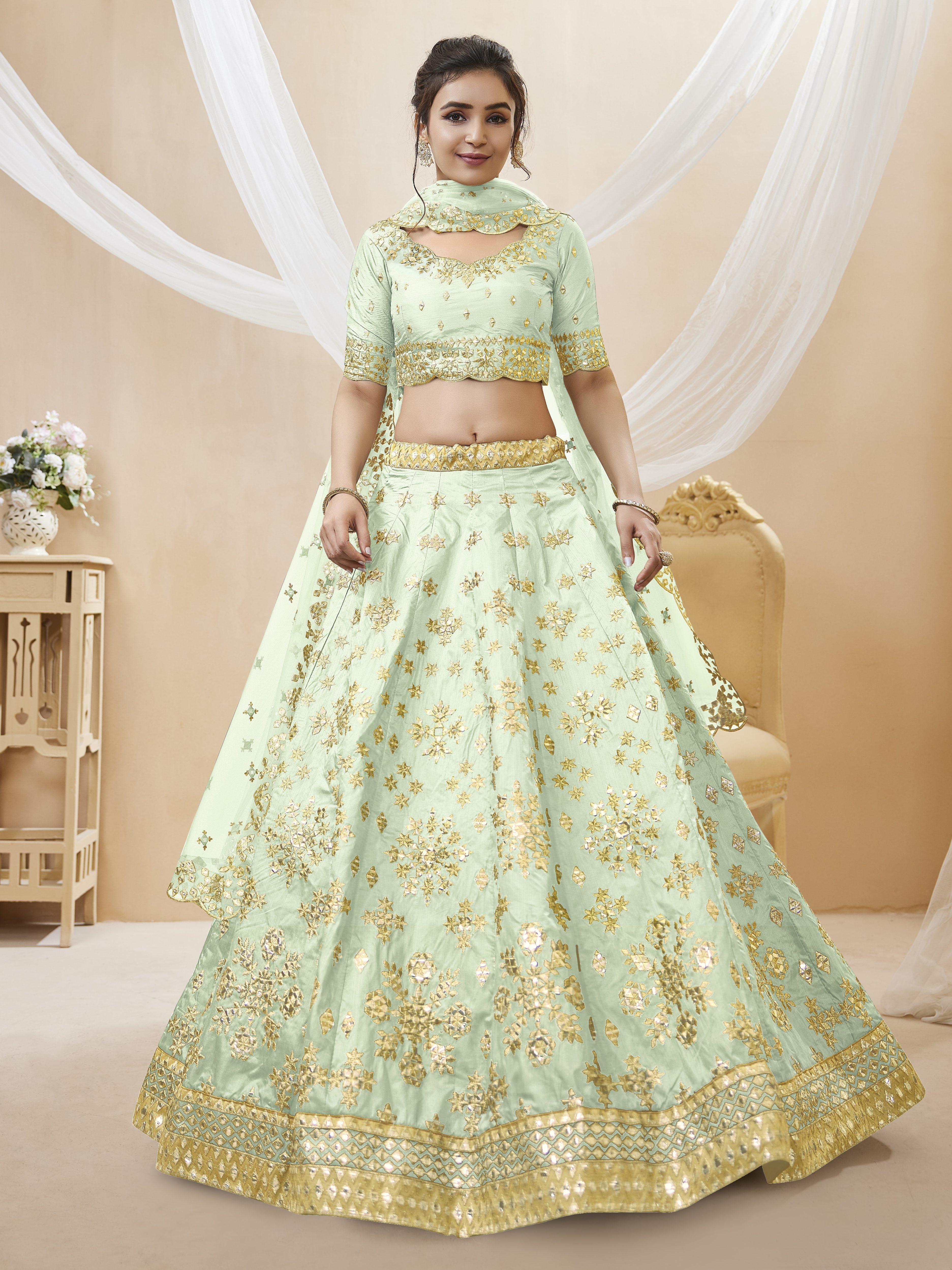 Ready To Wear | Women's Pista Art Silk Sequins with Foil & Zari Embroidered Lehenga Choli & Dupatta