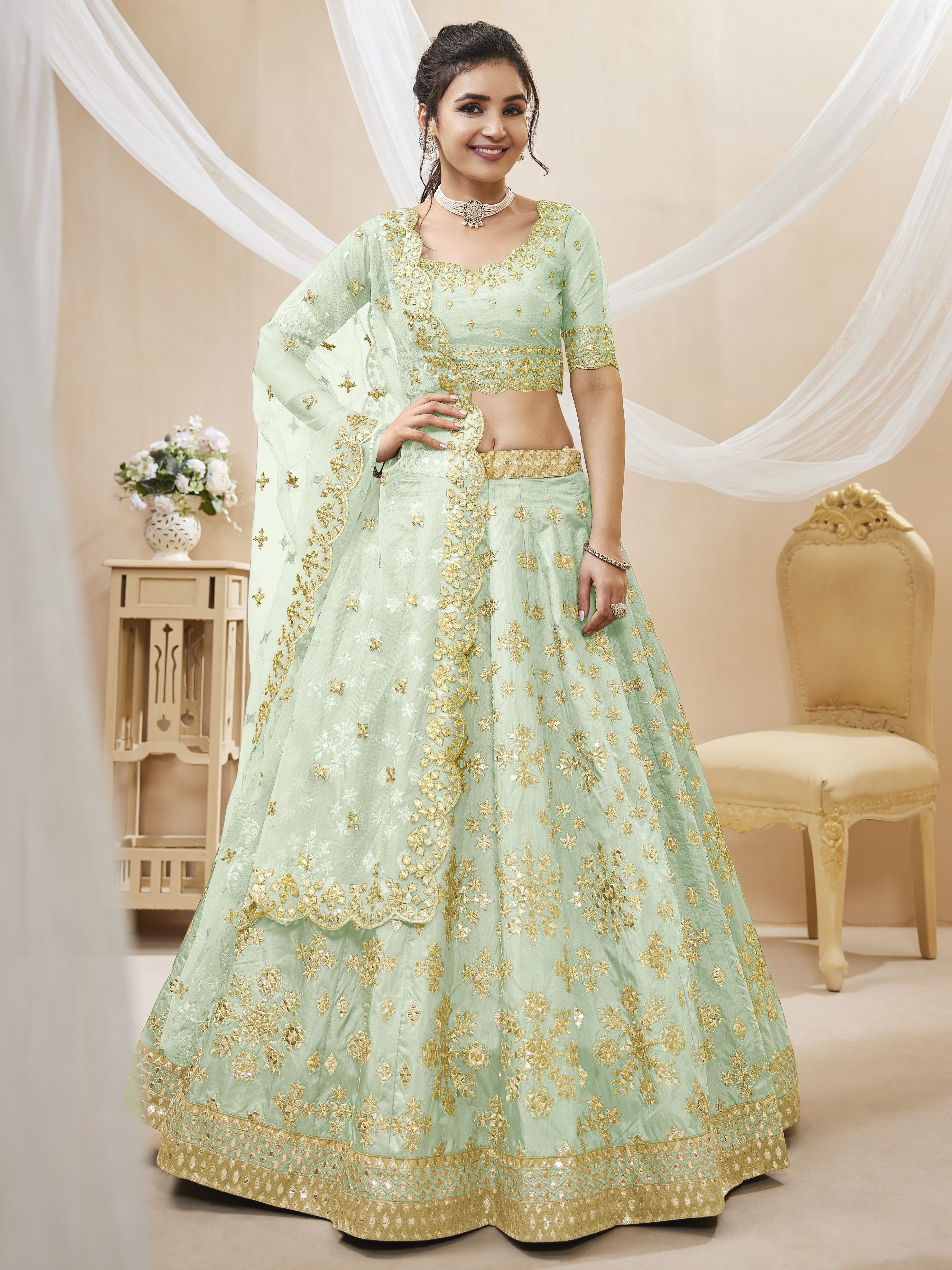 Ready To Wear | Women's Pista Art Silk Sequins with Foil & Zari Embroidered Lehenga Choli & Dupatta