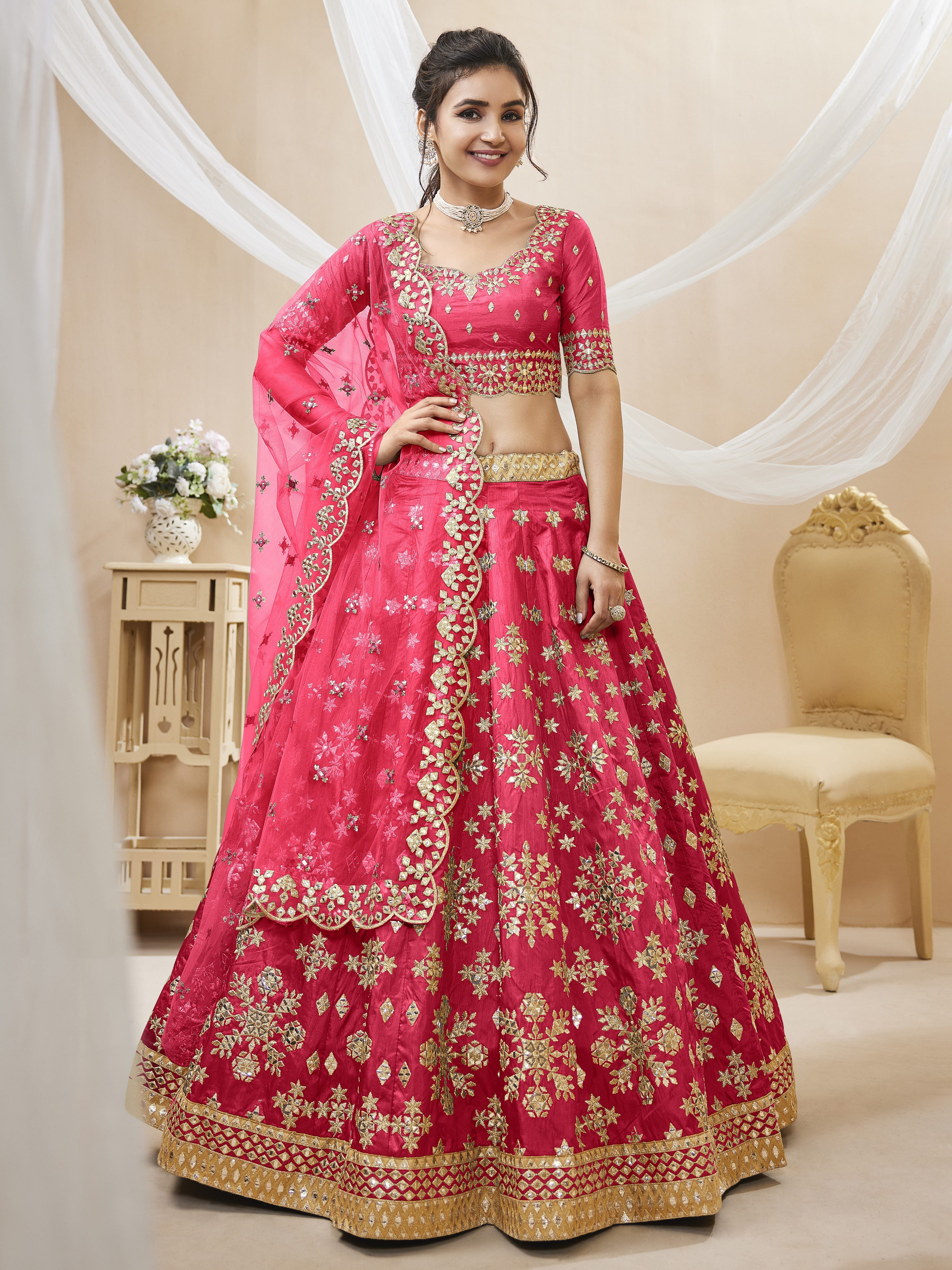 Ready To Wear | Women's Pink Art Silk Sequins with Foil & Zari Embroidered Lehenga Choli & Dupatta