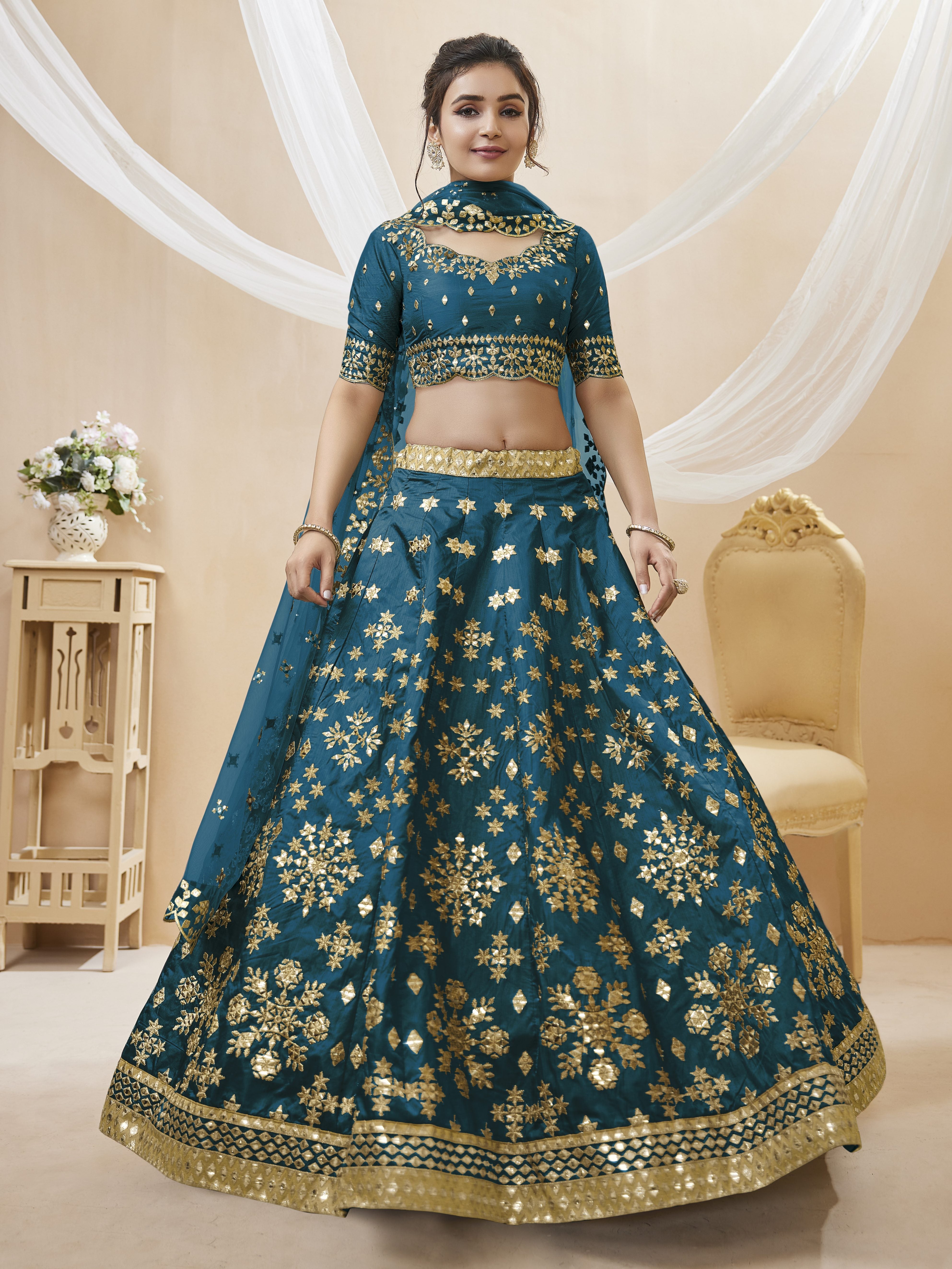 Ready To Wear | Women's Blue Art Silk Sequins with Foil & Zari Embroidered Lehenga Choli & Dupatta