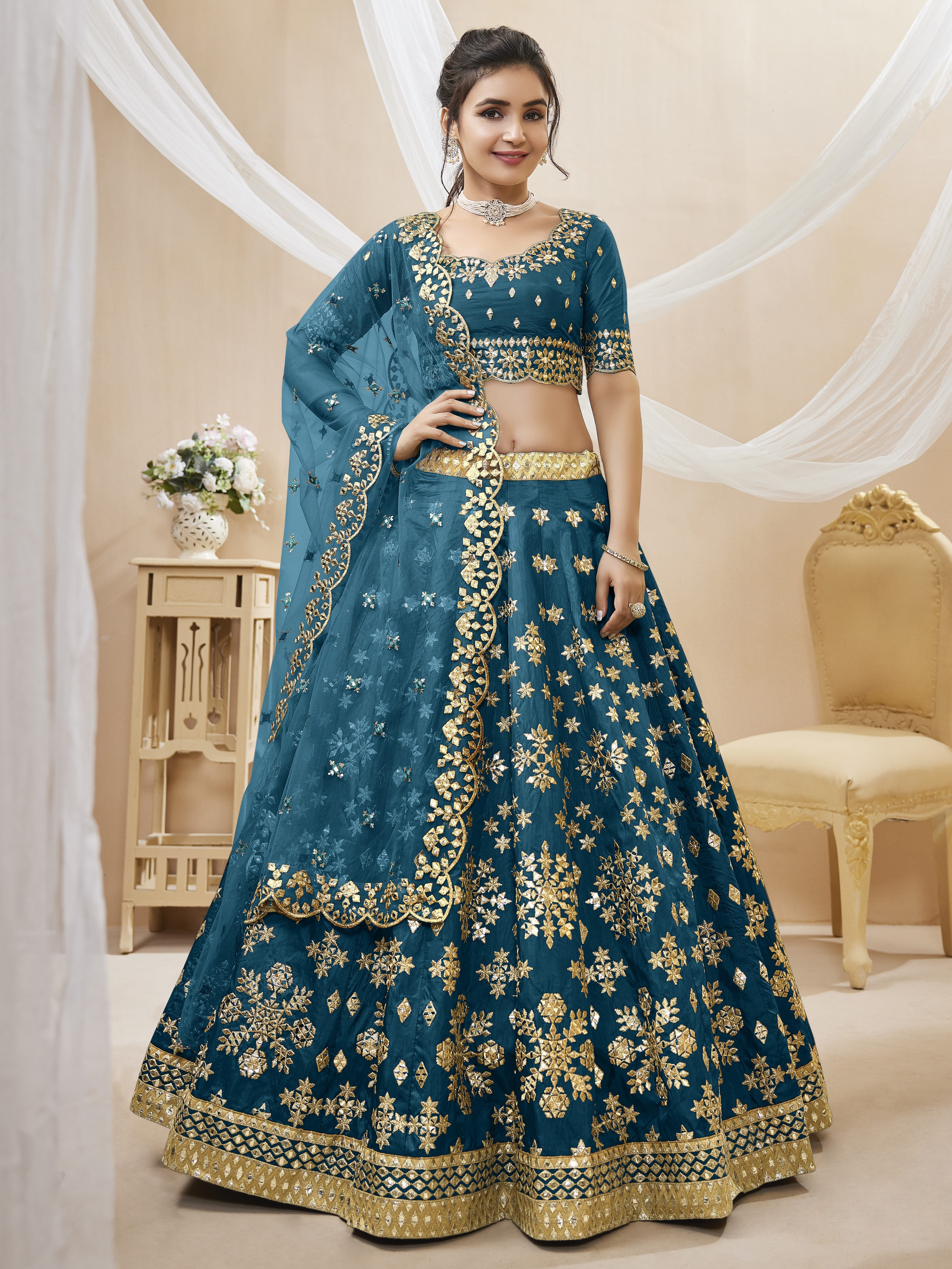 Ready To Wear | Women's Blue Art Silk Sequins with Foil & Zari Embroidered Lehenga Choli & Dupatta