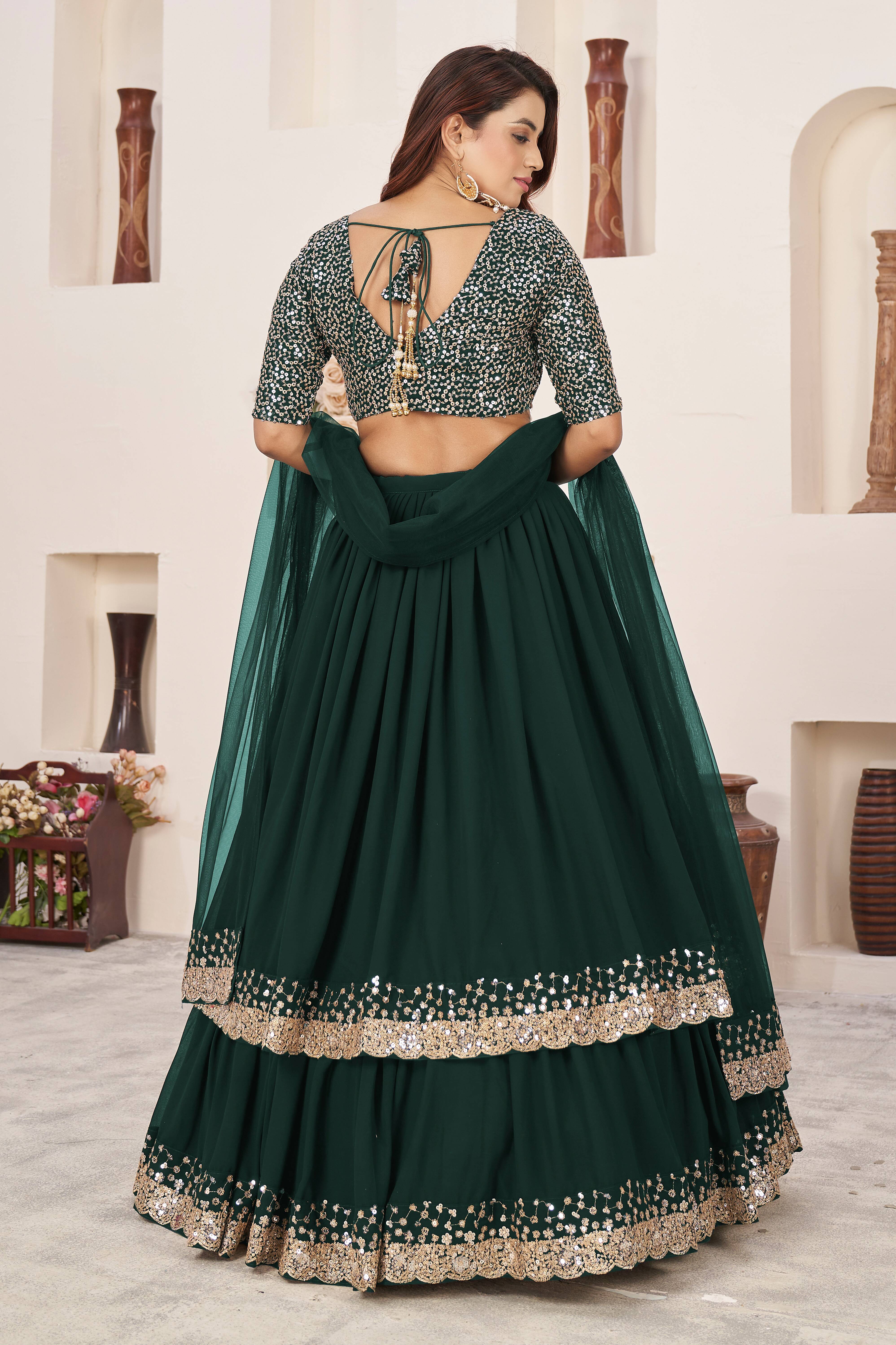 Ready To Wear | Women's Green Georgette Sequins Zari Embroidered Lehenga Choli & Dupatta