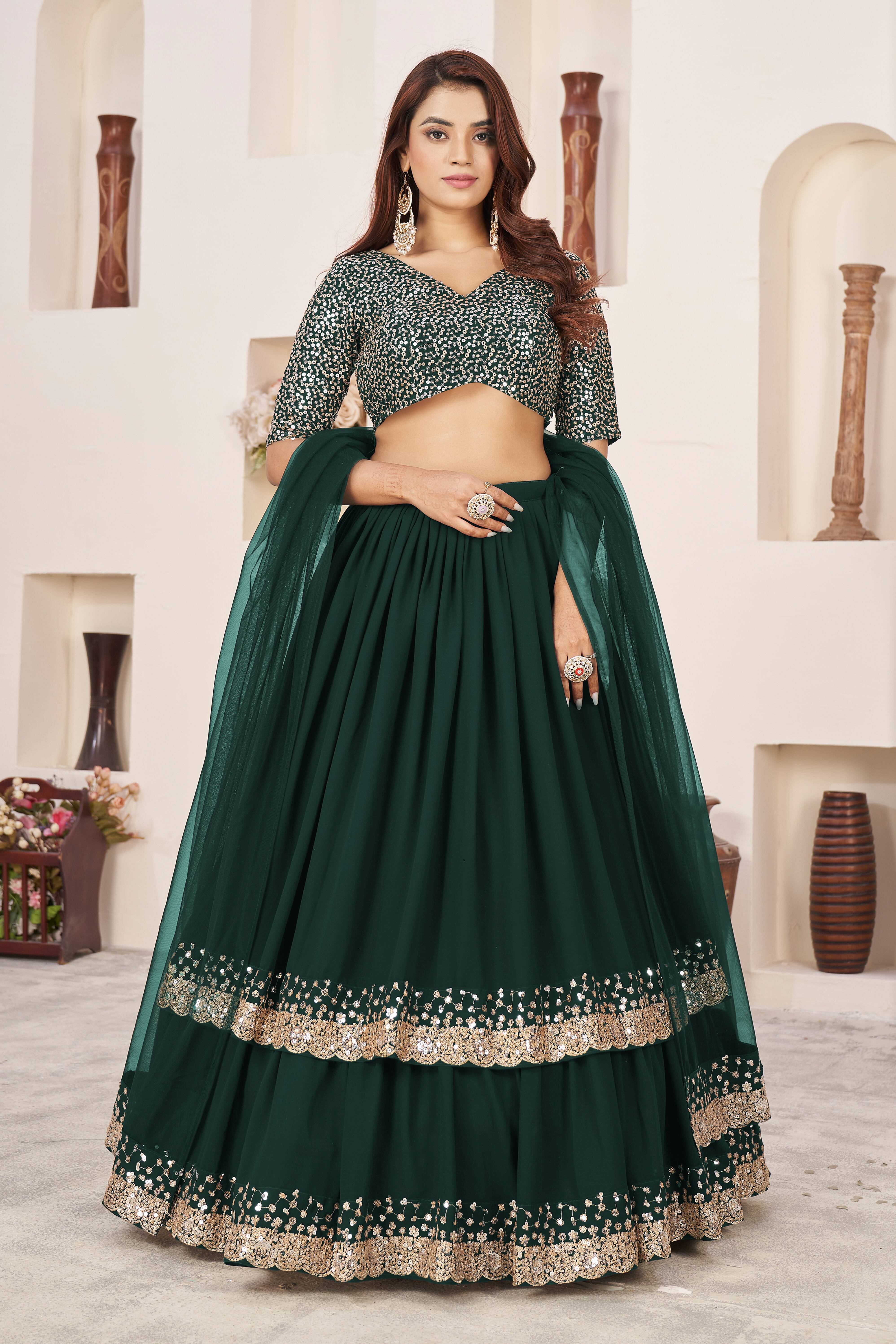 Ready To Wear | Women's Green Georgette Sequins Zari Embroidered Lehenga Choli & Dupatta