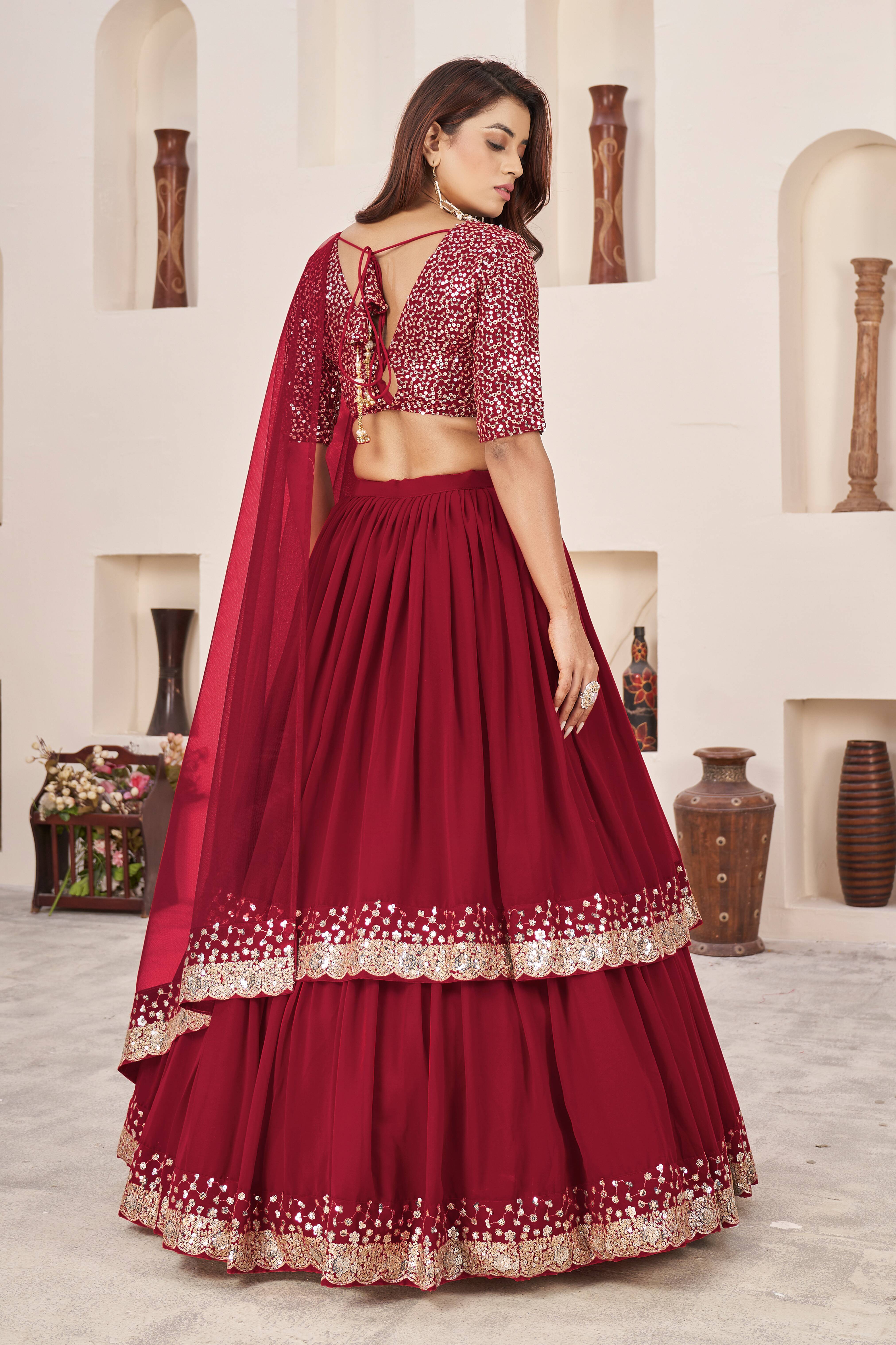 Ready To Wear | Women's Red Georgette Sequins Zari Embroidered Lehenga Choli & Dupatta