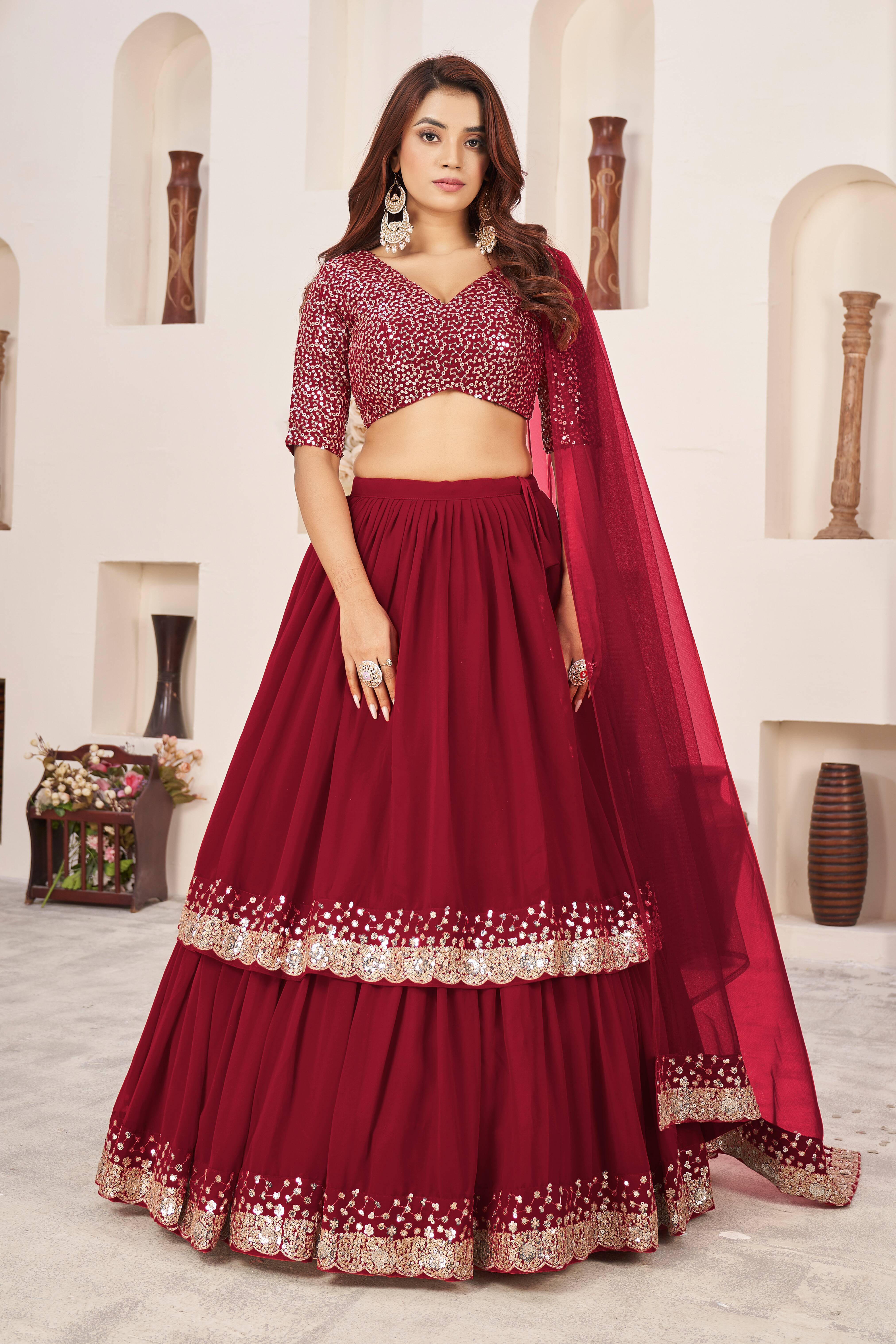 Ready To Wear | Women's Red Georgette Sequins Zari Embroidered Lehenga Choli & Dupatta