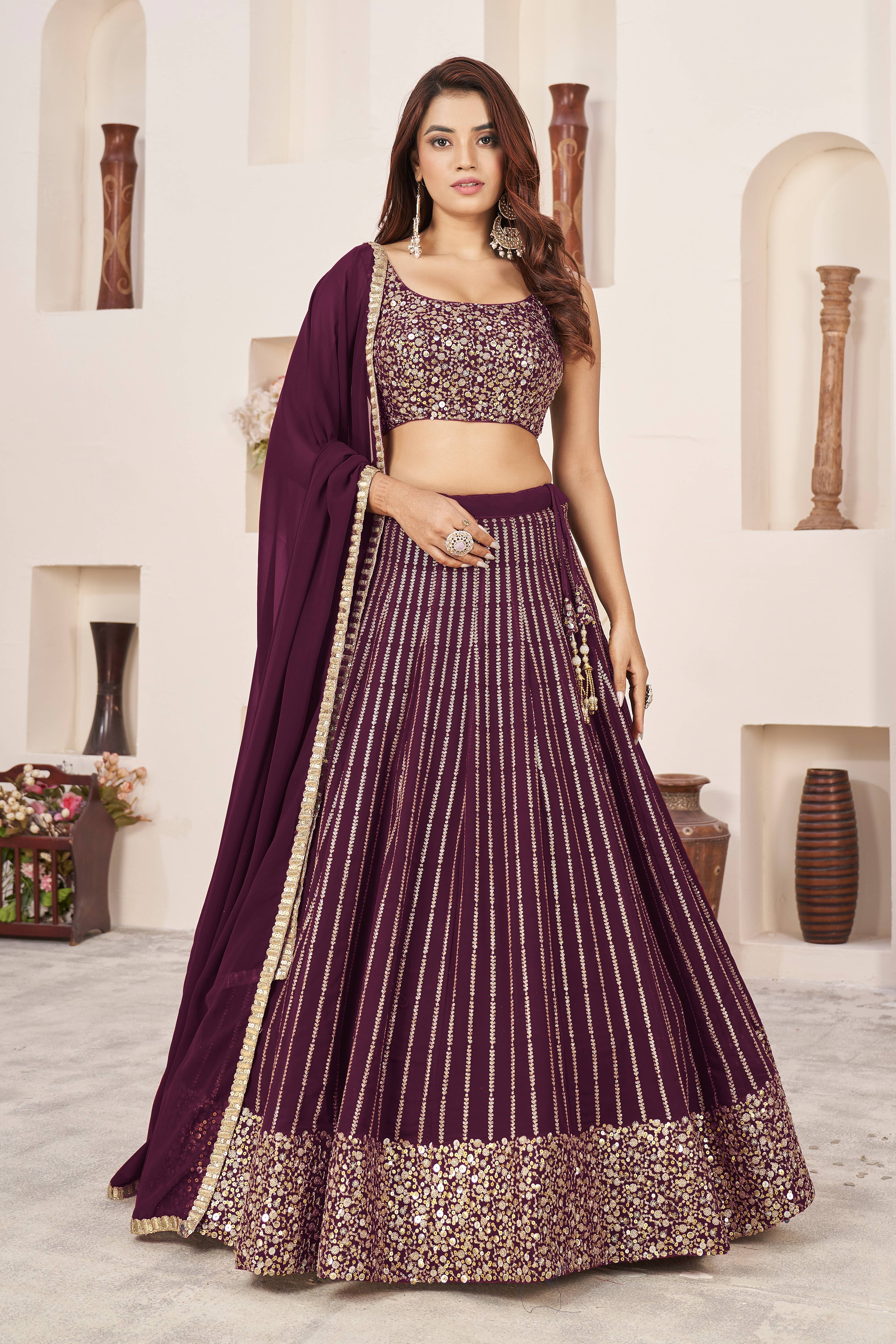 Ready To Wear | Women's Wine Georgette Sequins Zari Embroidered Lehenga Choli & Dupatta