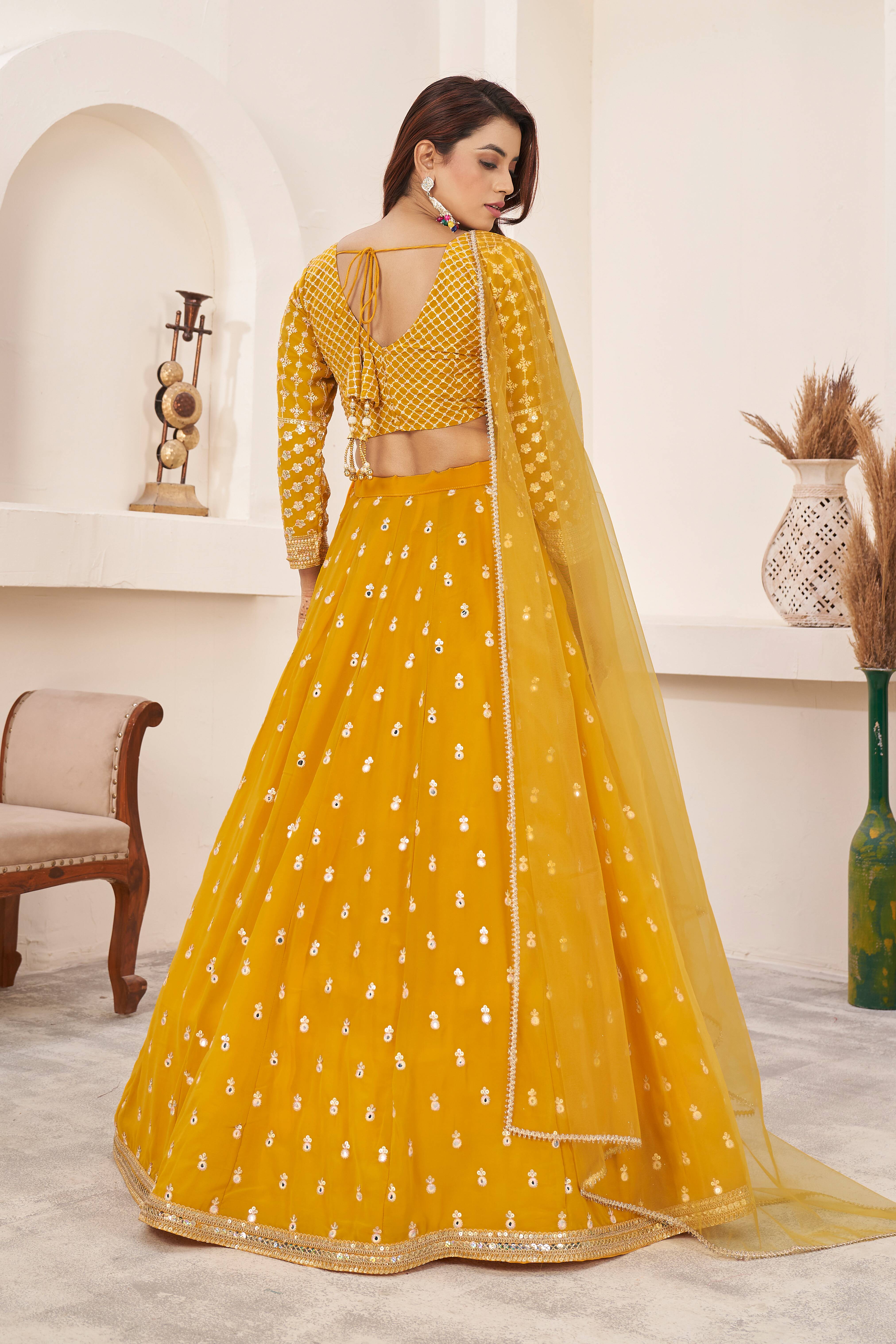 Ready To Wear | Women's Yellow Georgette Multi Colored Thread with Sequins Embroidered Lehenga Choli & Dupatta