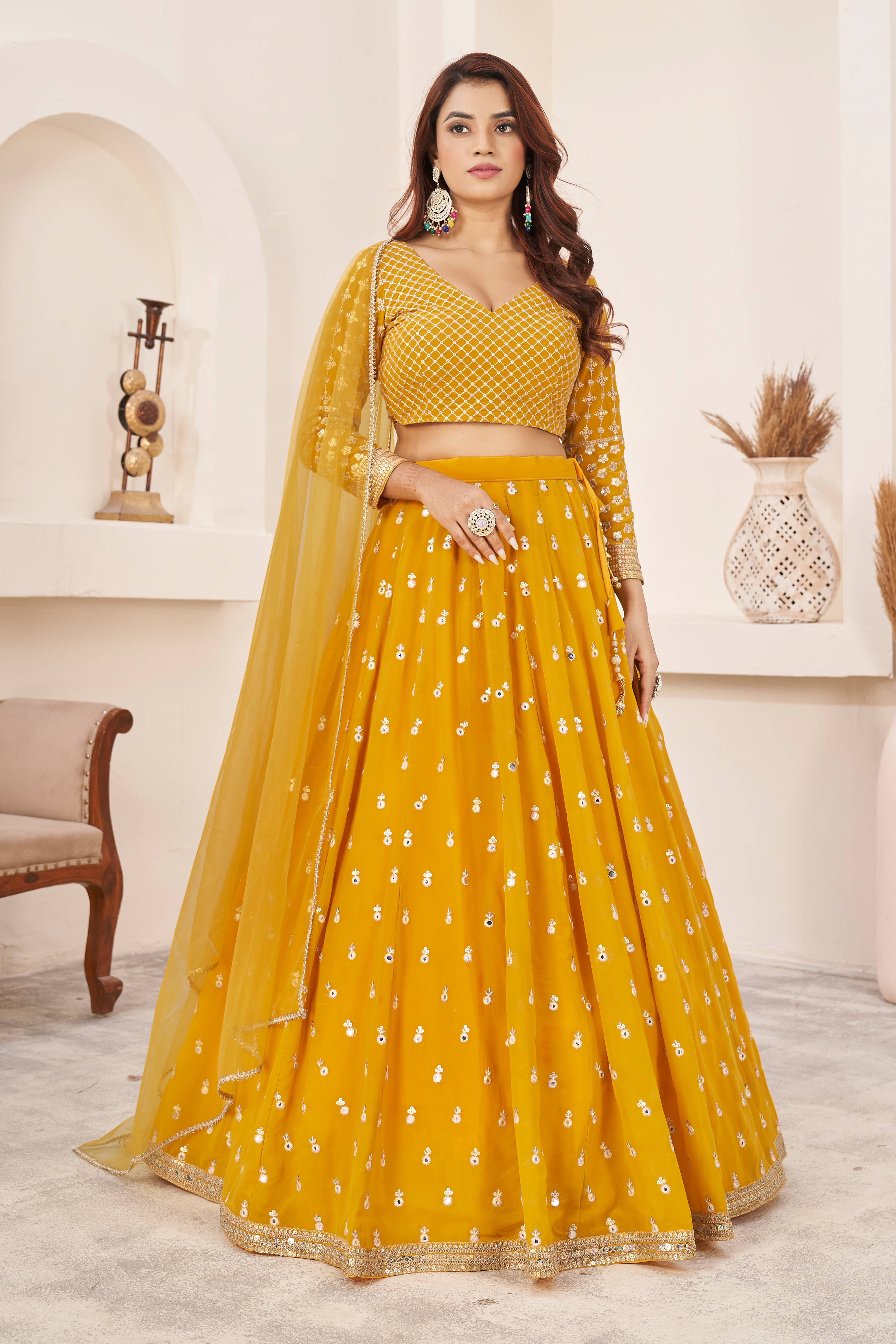 Ready To Wear | Women's Yellow Georgette Multi Colored Thread with Sequins Embroidered Lehenga Choli & Dupatta