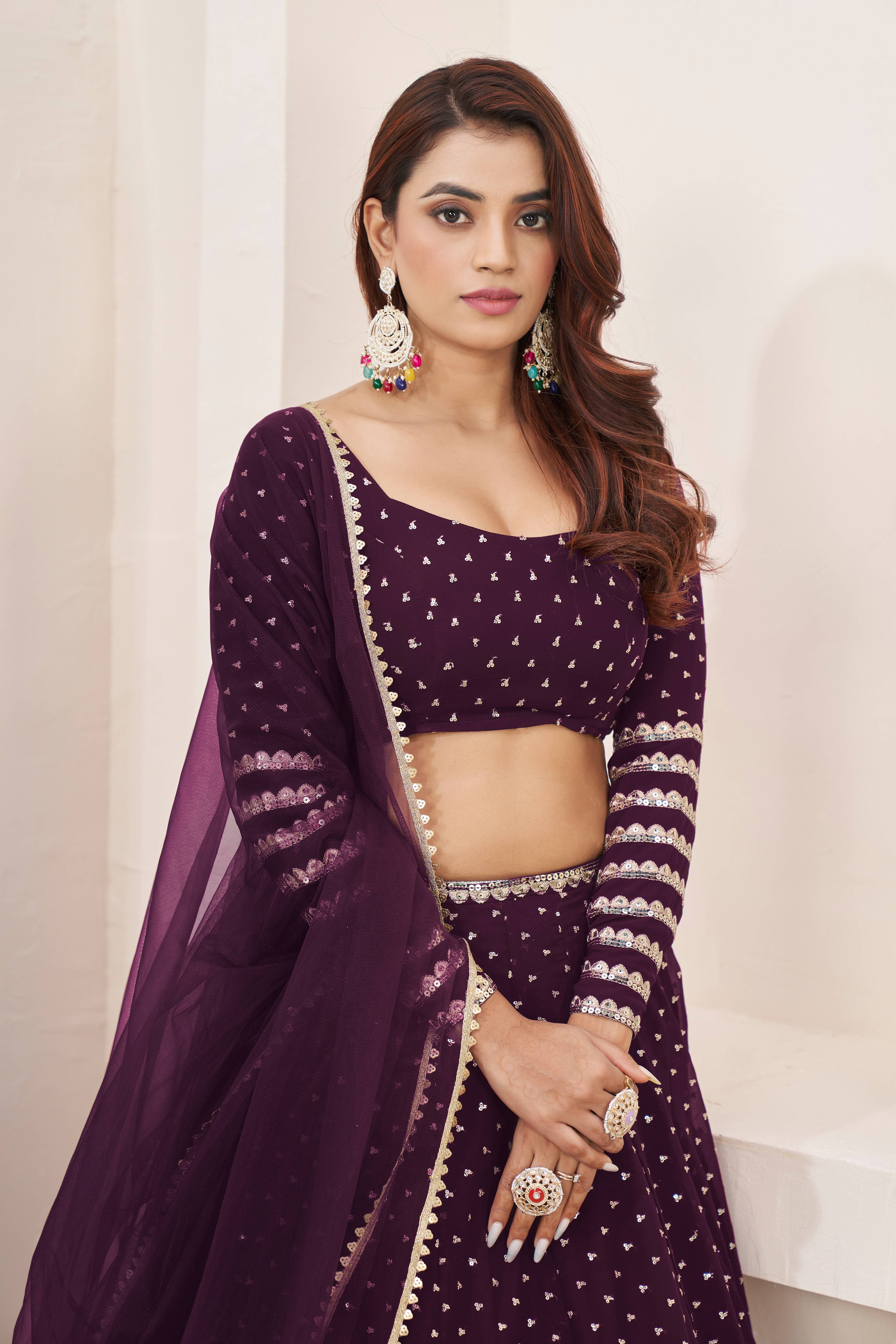 Ready To Wear | Women's Wine Georgette Sequins Zari Embroidered Lehenga Choli & Dupatta