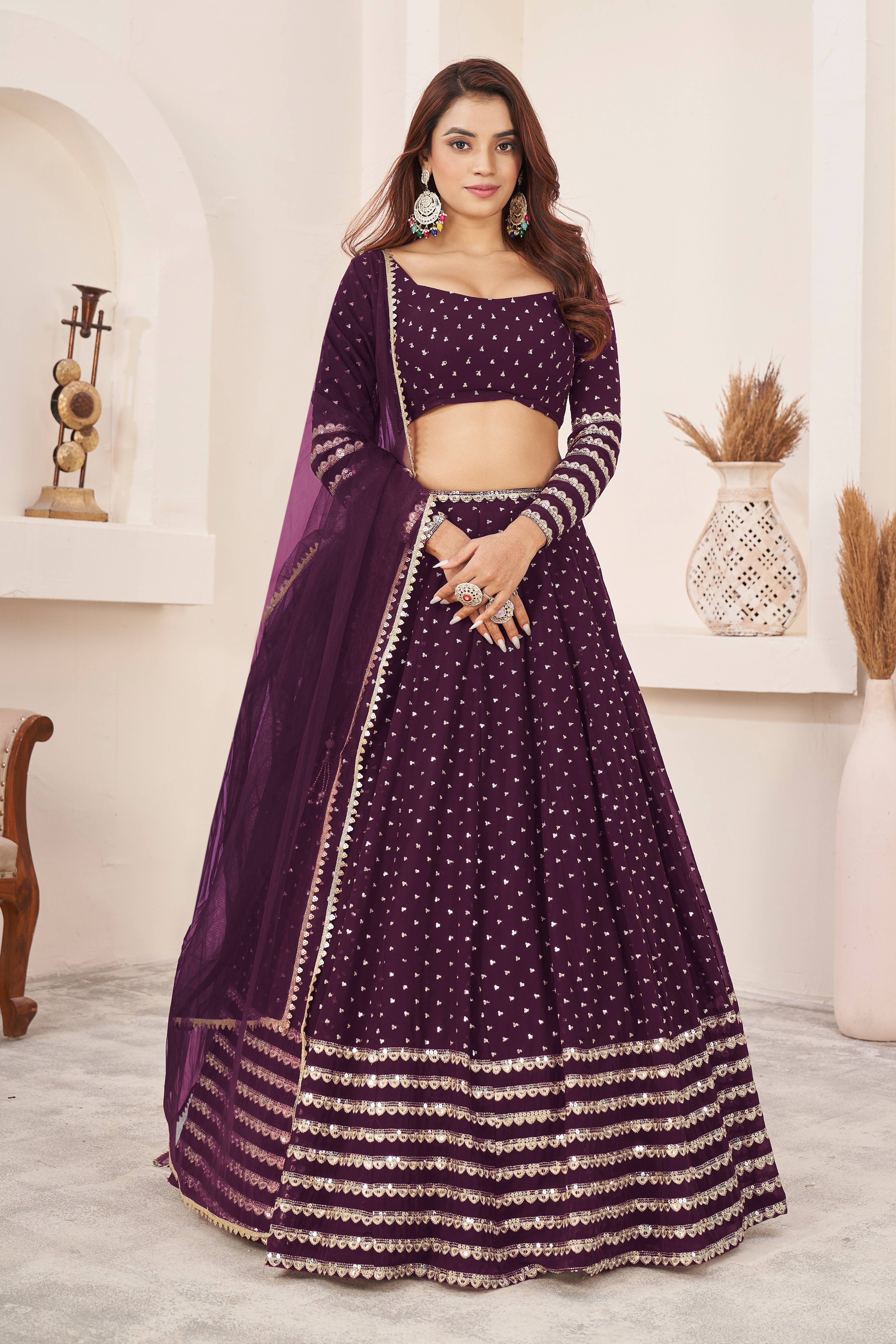 Ready To Wear | Women's Wine Georgette Sequins Zari Embroidered Lehenga Choli & Dupatta