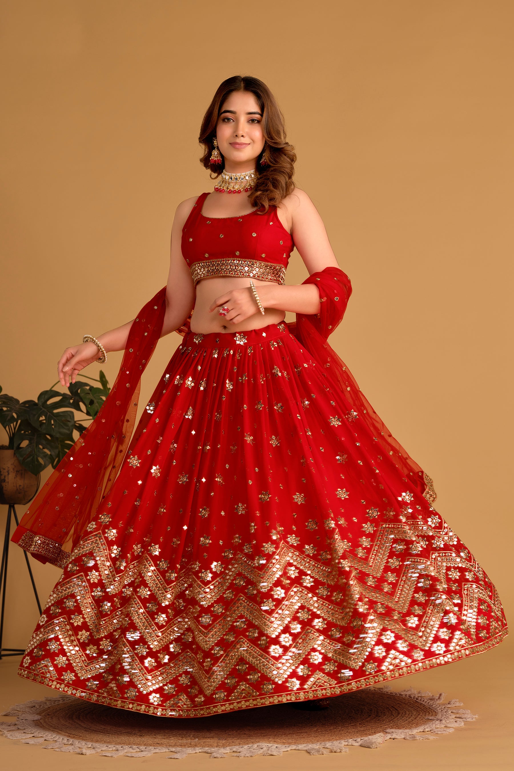 Ready To Wear | Women's Red Georgette Sequins Zari Embroidered Lehenga Choli & Dupatta