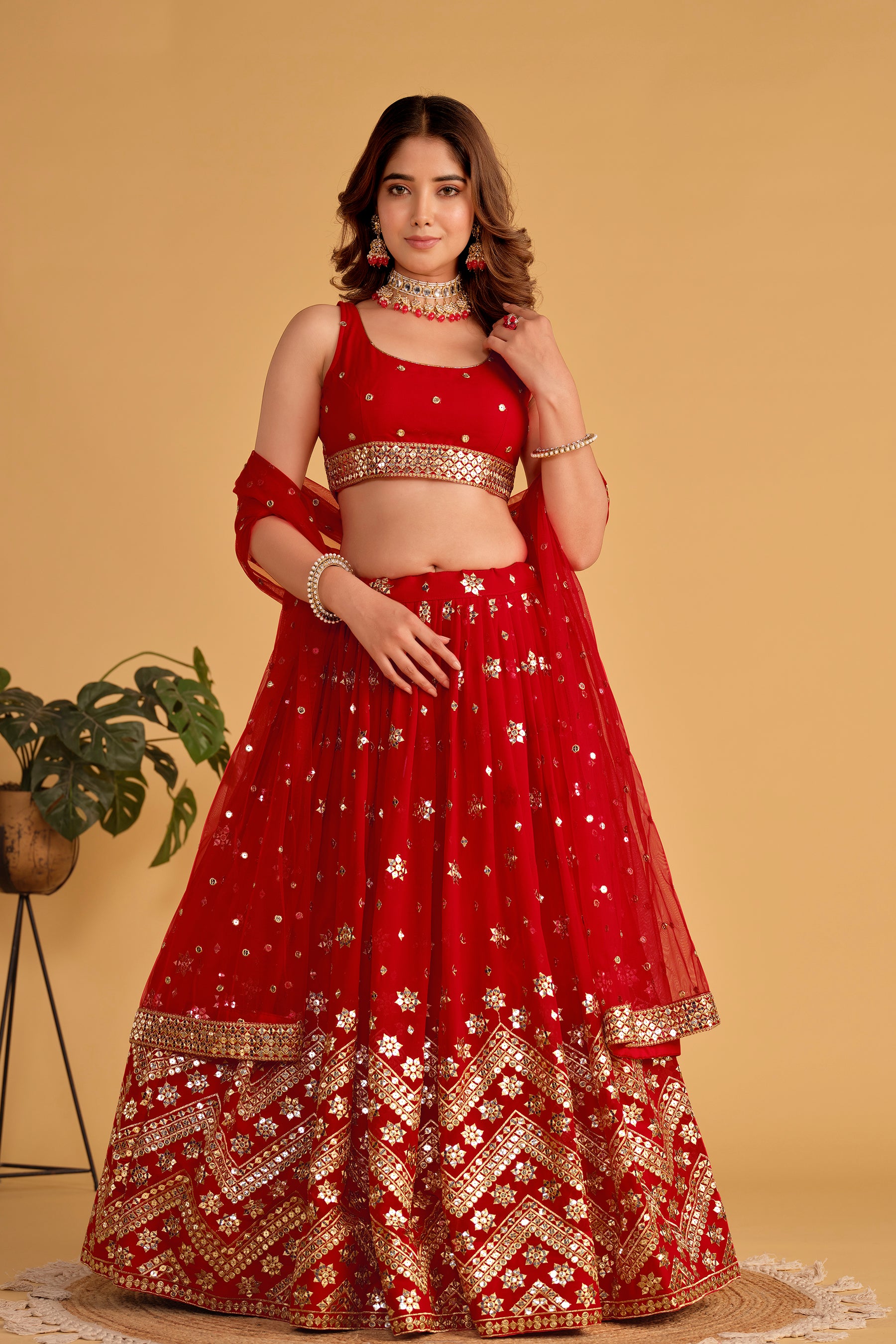 Ready To Wear | Women's Red Georgette Sequins Zari Embroidered Lehenga Choli & Dupatta