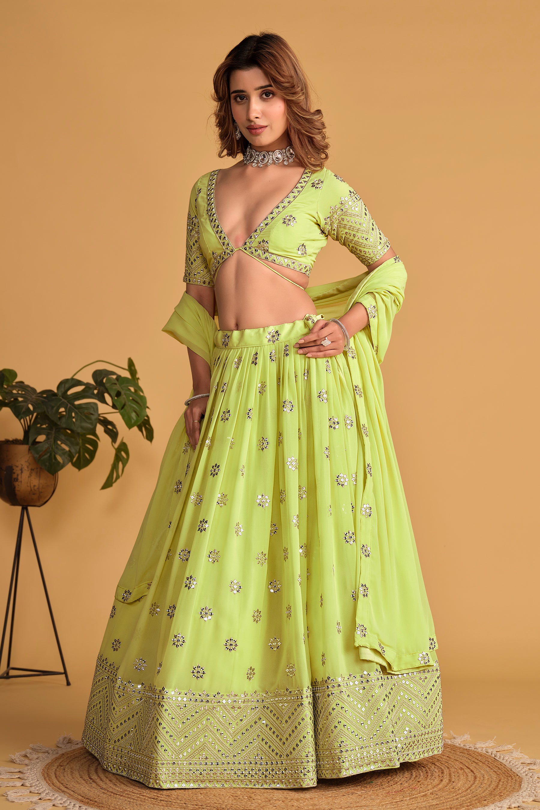 Ready To Wear | Women's Neon Georgette Sequins Zari Embroidered Lehenga Choli & Dupatta