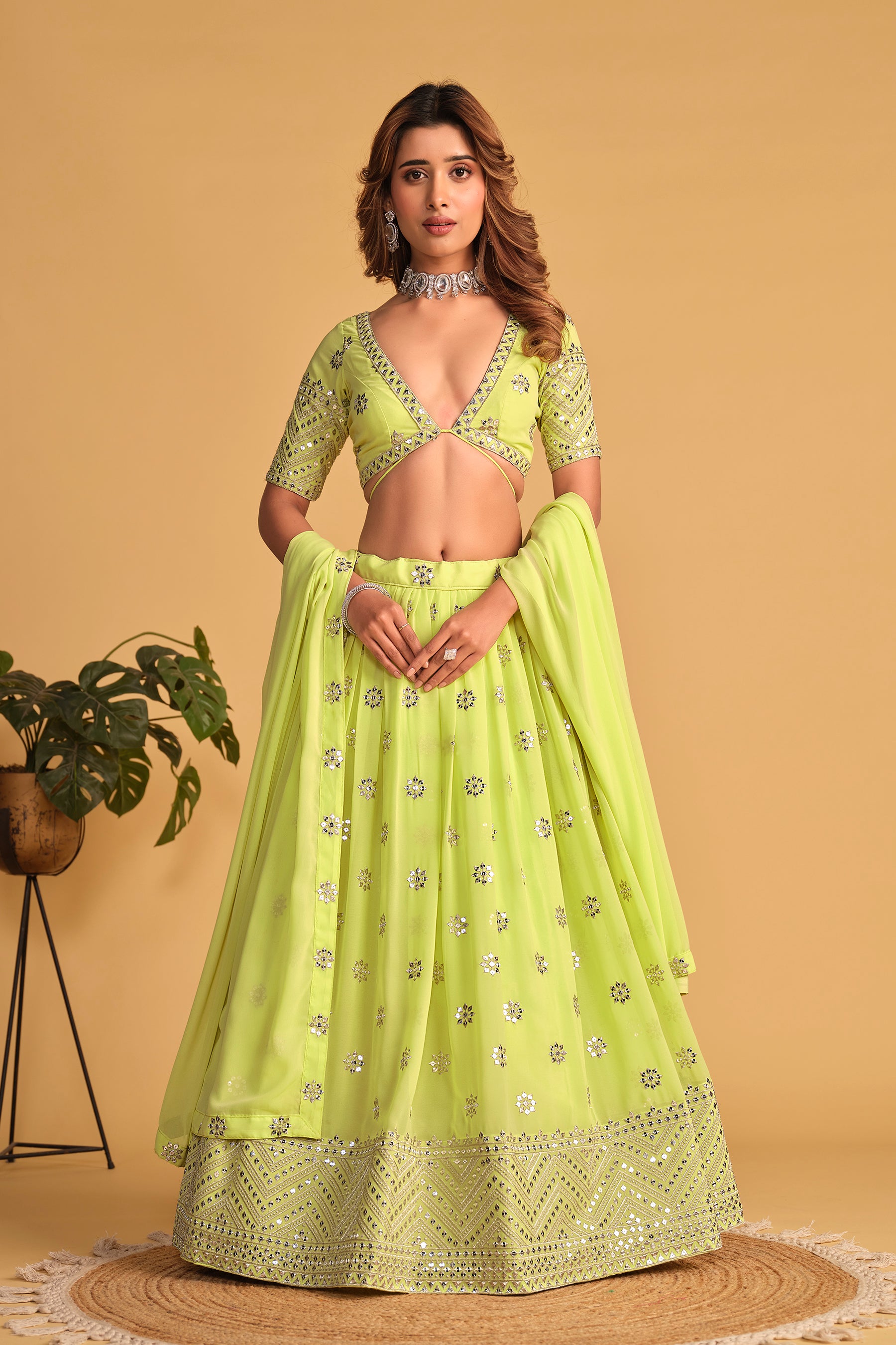 Ready To Wear | Women's Neon Georgette Sequins Zari Embroidered Lehenga Choli & Dupatta