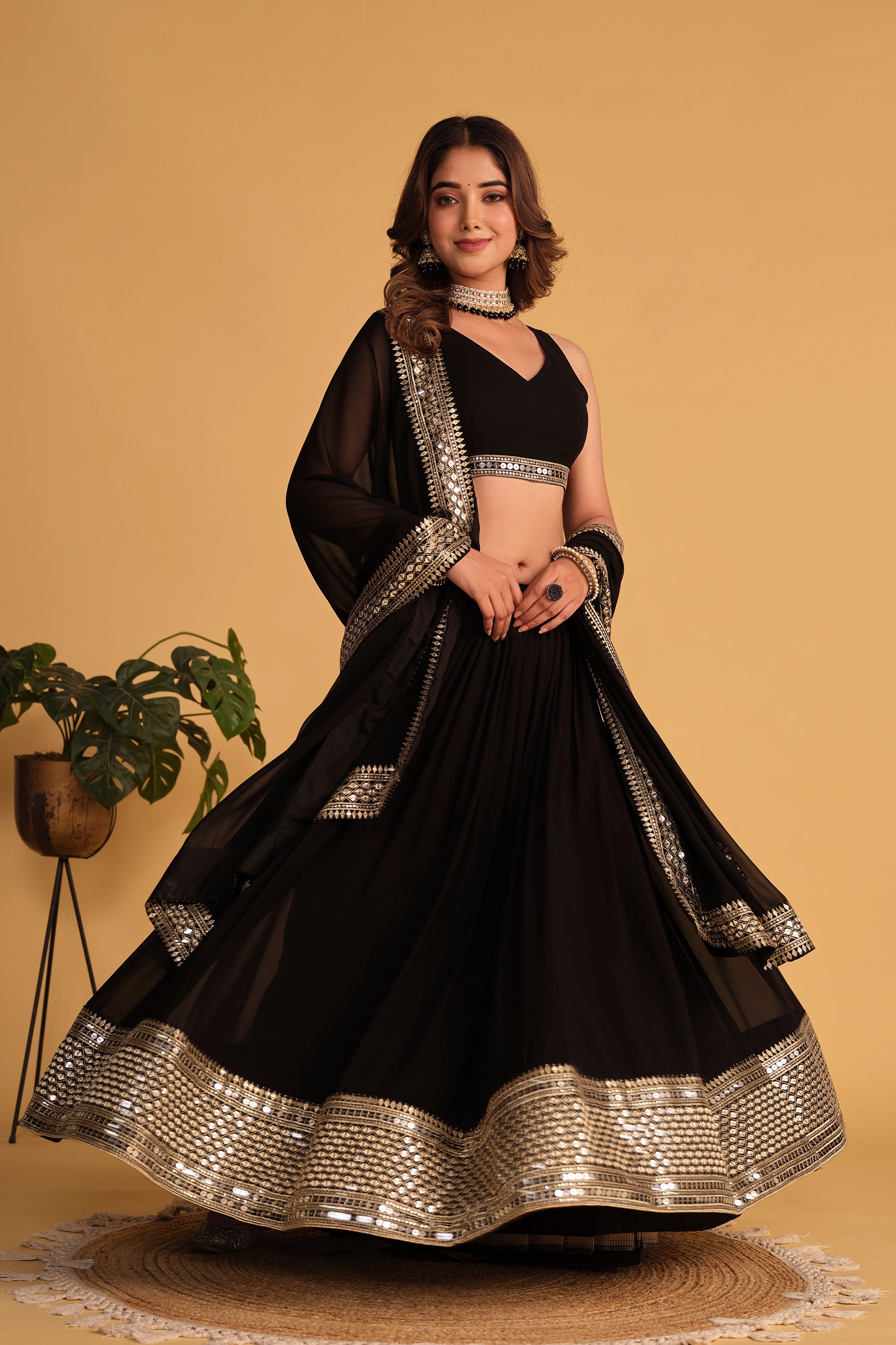 Ready To Wear | Women's Black Georgette Sequins Zari Embroidered Lehenga Choli & Dupatta