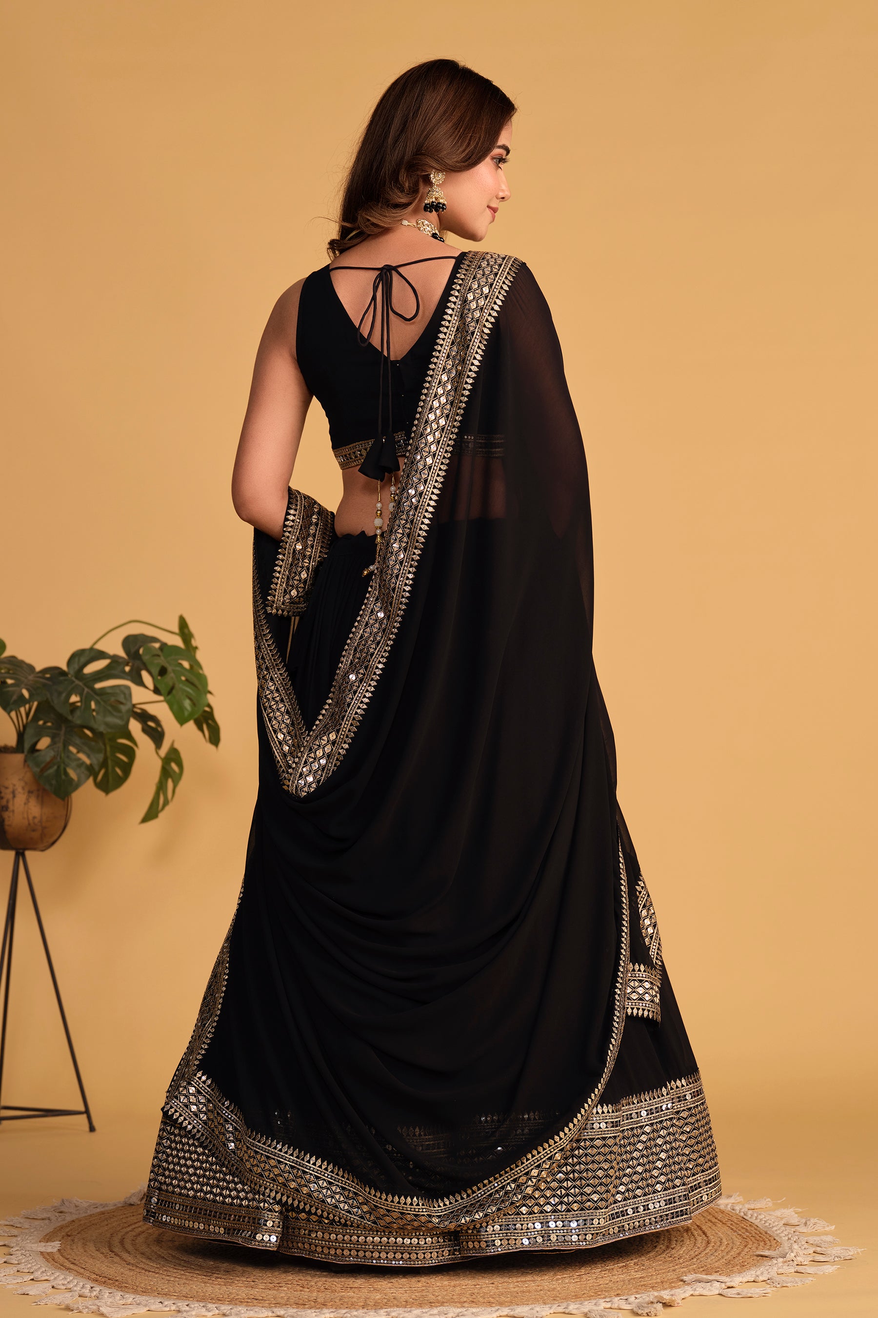 Ready To Wear | Women's Black Georgette Sequins Zari Embroidered Lehenga Choli & Dupatta