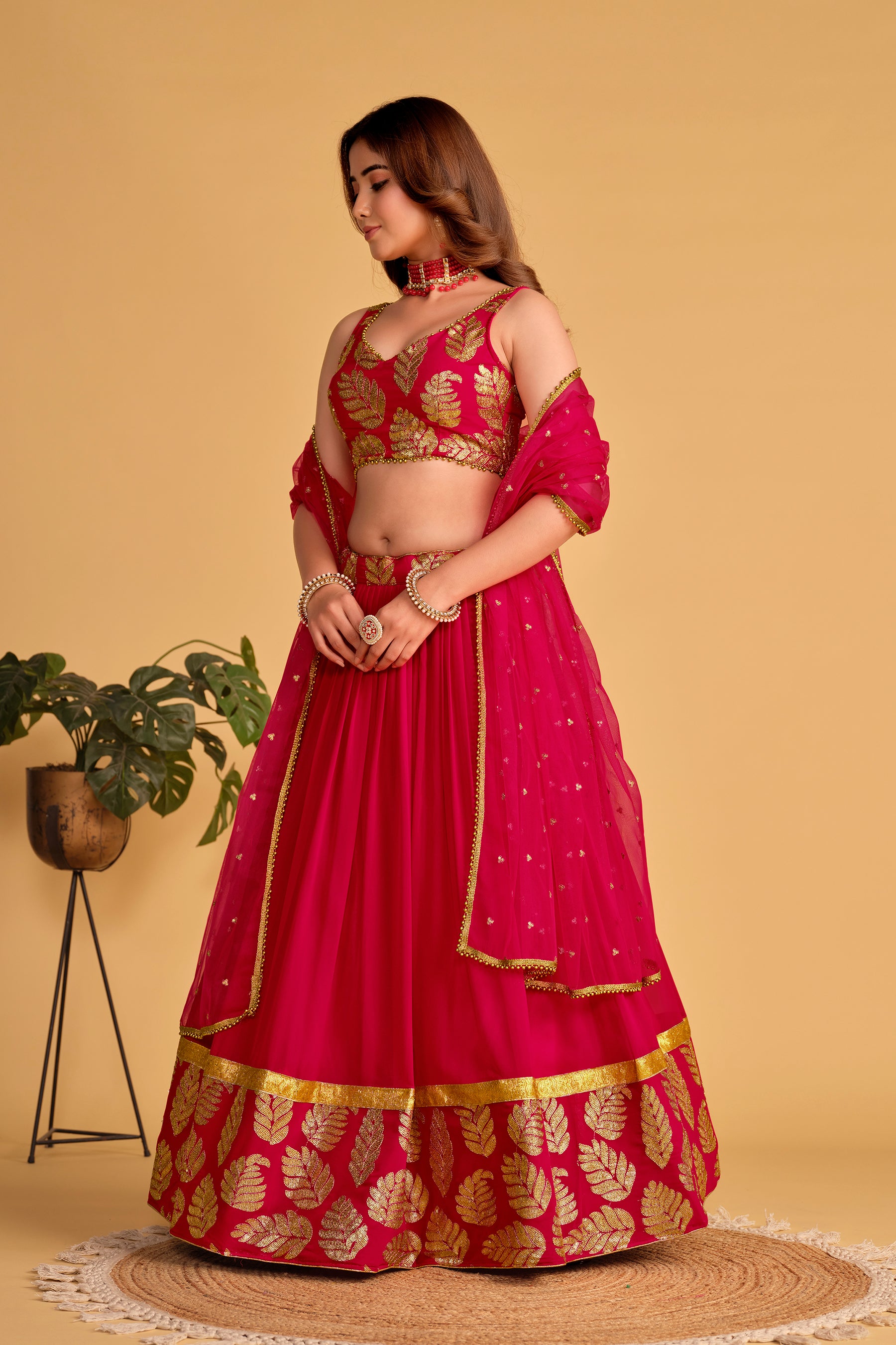 Ready To Wear | Women's Pink Georgette Sequins Zari Embroidered Lehenga Choli & Dupatta