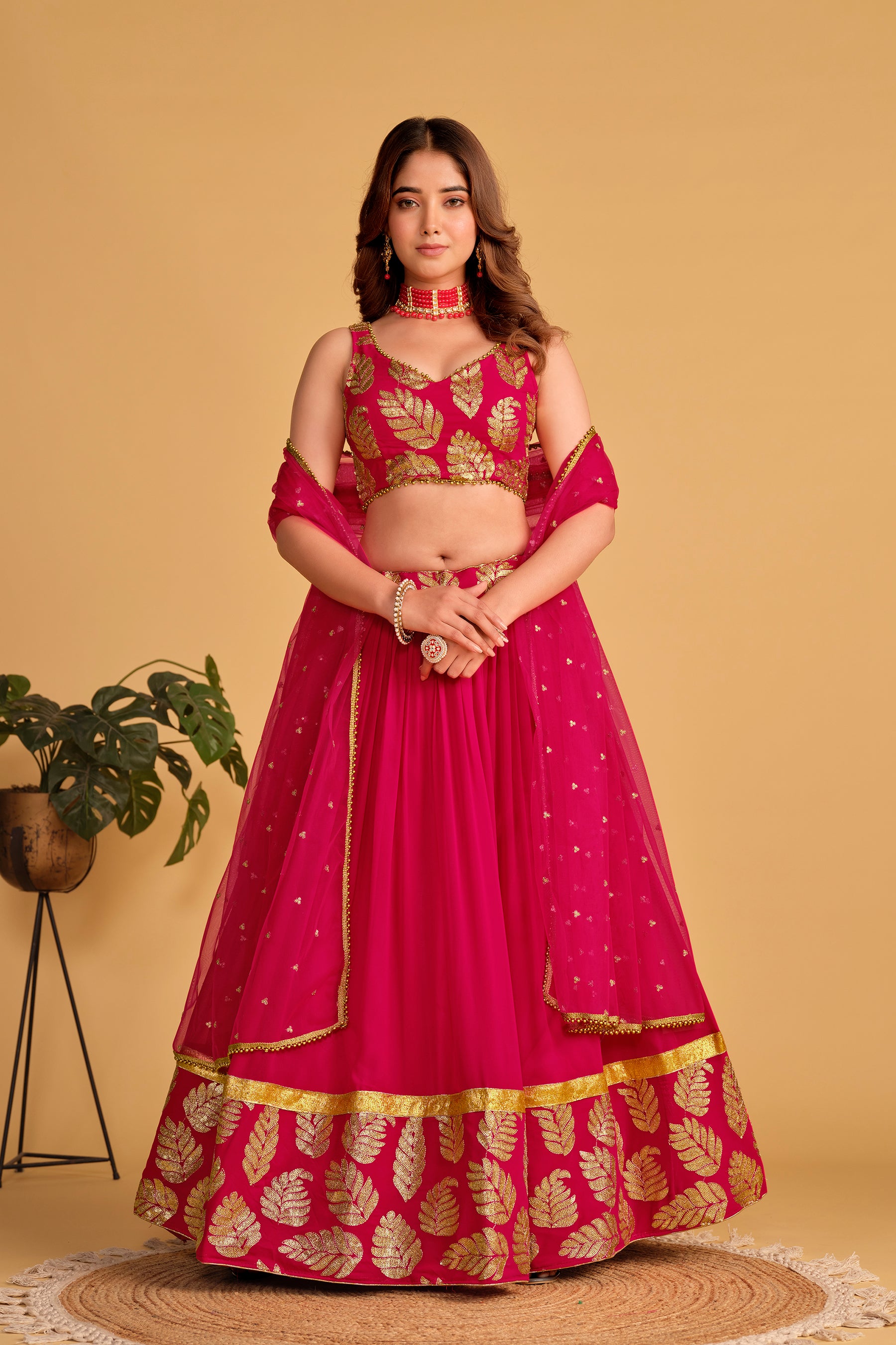 Ready To Wear | Women's Pink Georgette Sequins Zari Embroidered Lehenga Choli & Dupatta