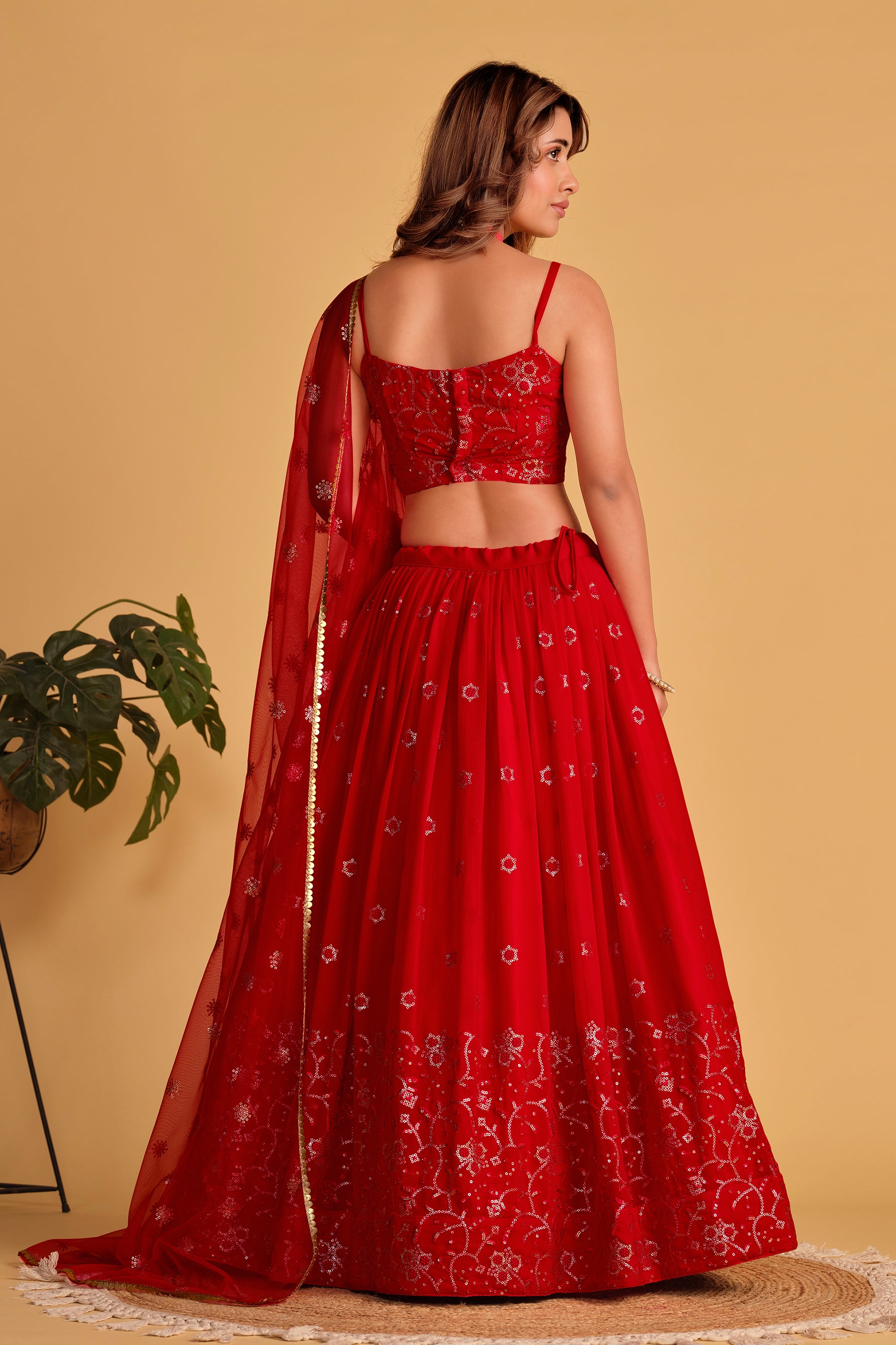 Ready To Wear | Women's Red Georgette Sequins Thread Embroidered Lehenga Choli & Dupatta