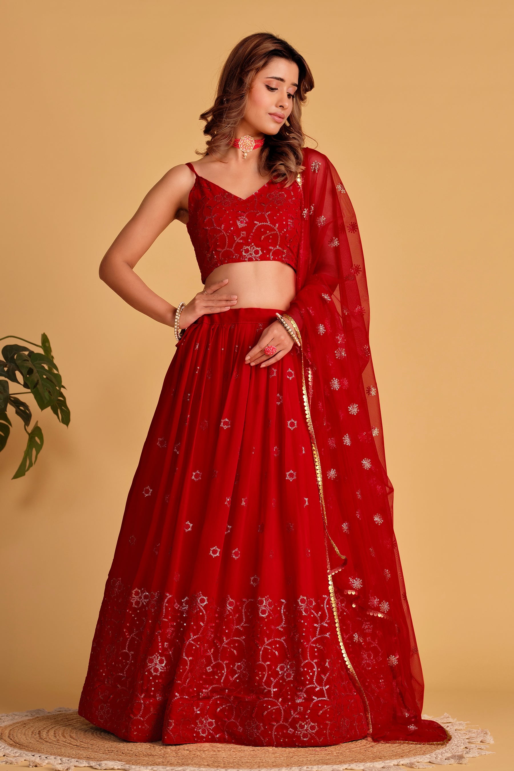 Ready To Wear | Women's Red Georgette Sequins Thread Embroidered Lehenga Choli & Dupatta