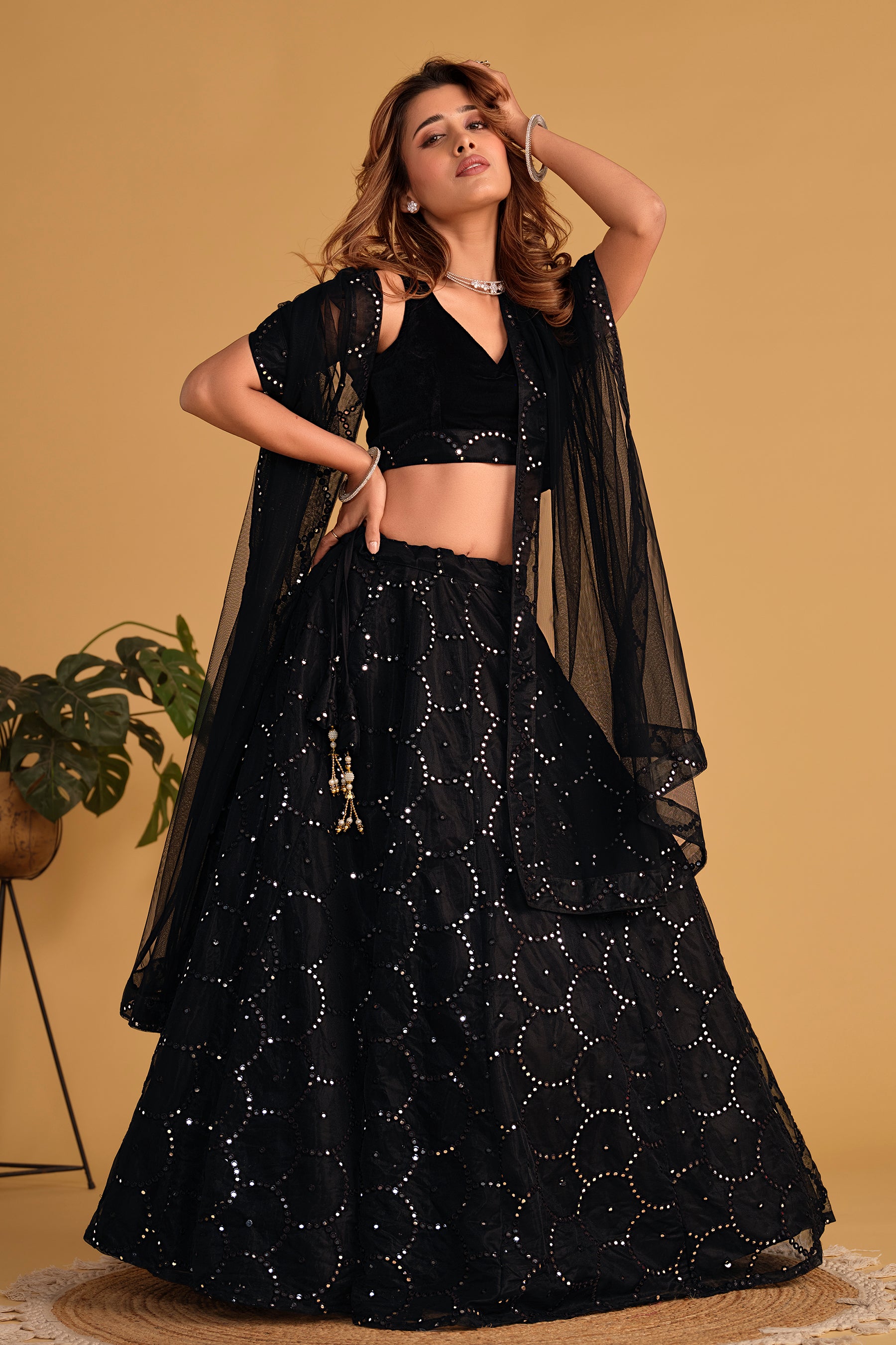 Ready To Wear | Women's Black Georgette Sequins Thread Embroidered Lehenga Choli & Dupatta