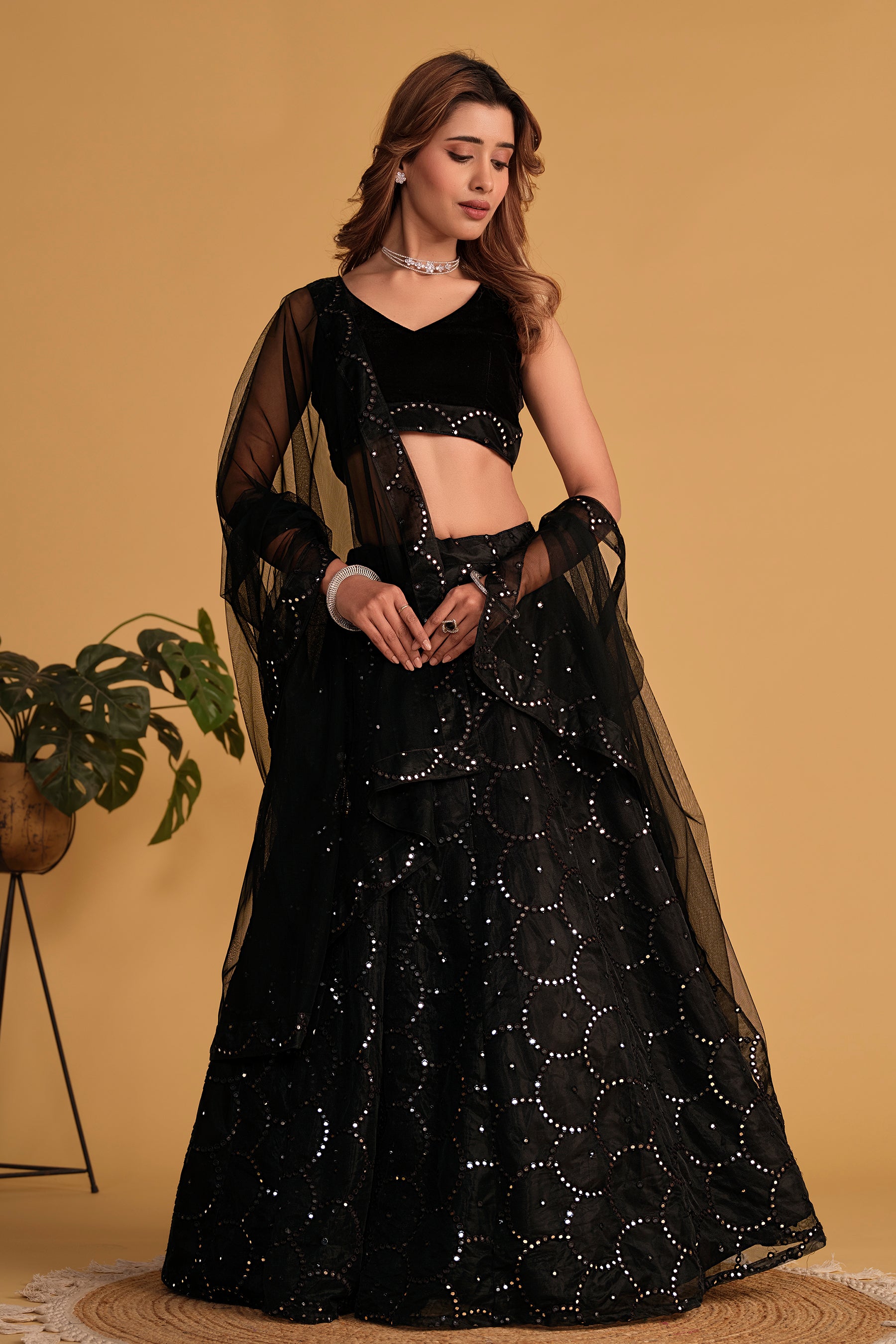 Ready To Wear | Women's Black Georgette Sequins Thread Embroidered Lehenga Choli & Dupatta