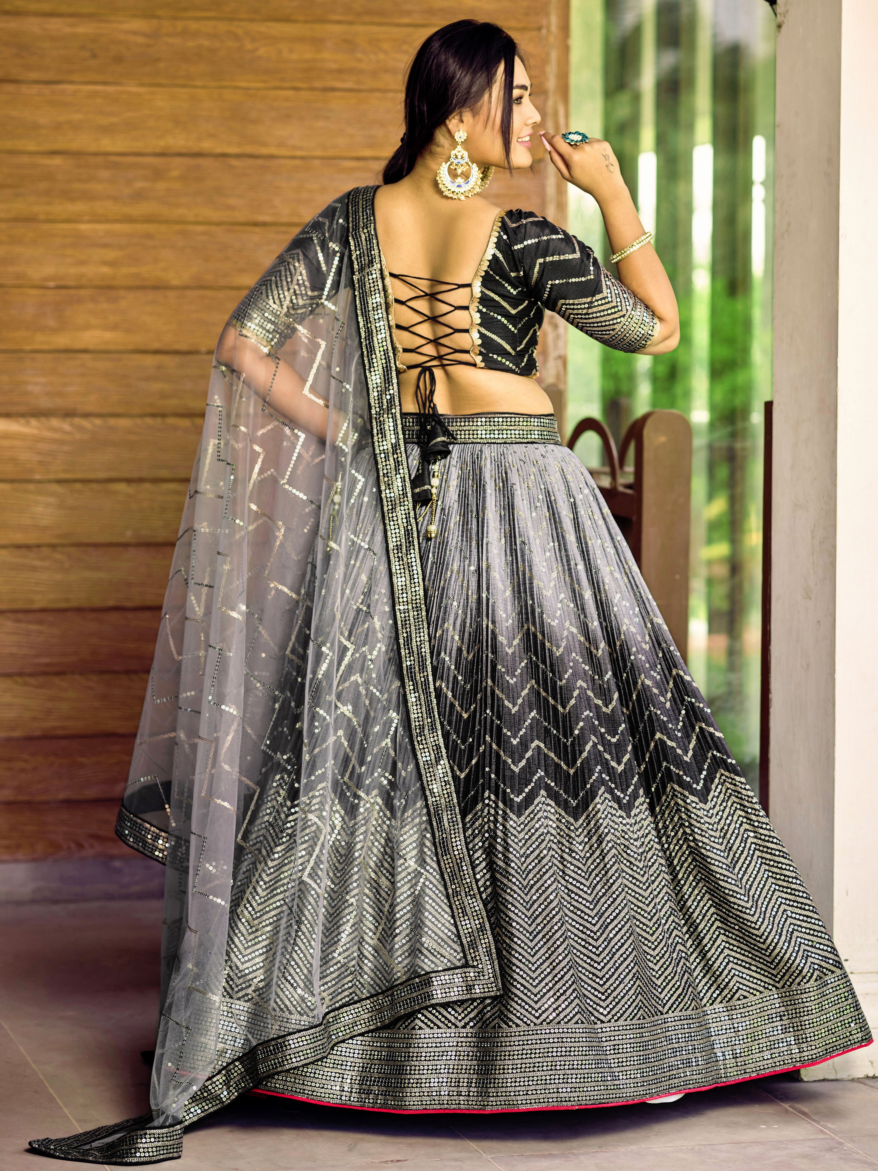 Ready To Wear | Women's Black Chinon Sequins Thread Embroidered Lehenga Choli & Dupatta