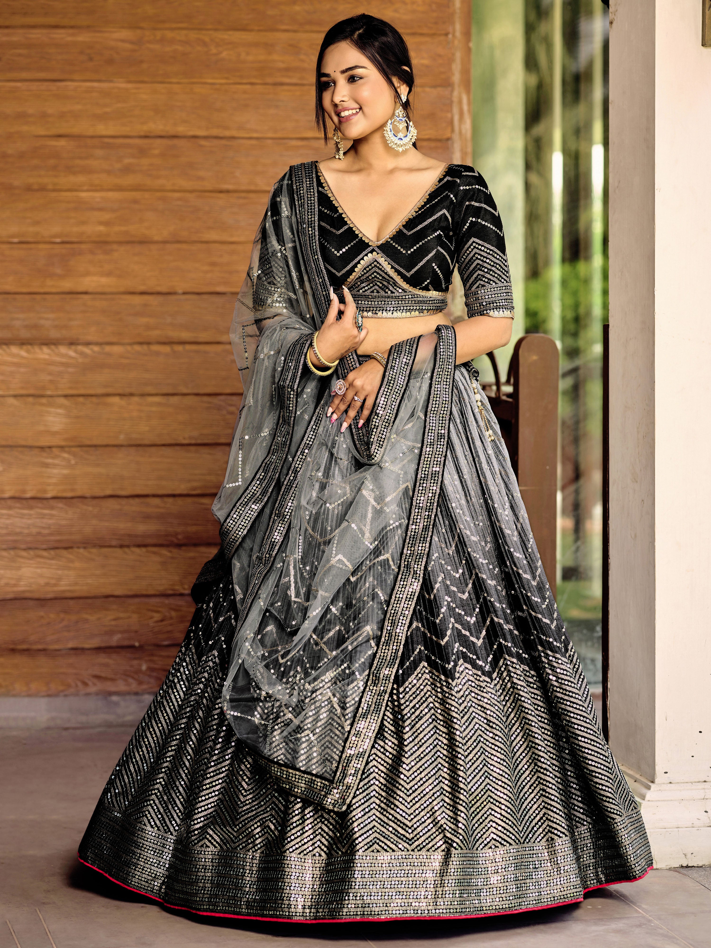 Ready To Wear | Women's Black Chinon Sequins Thread Embroidered Lehenga Choli & Dupatta