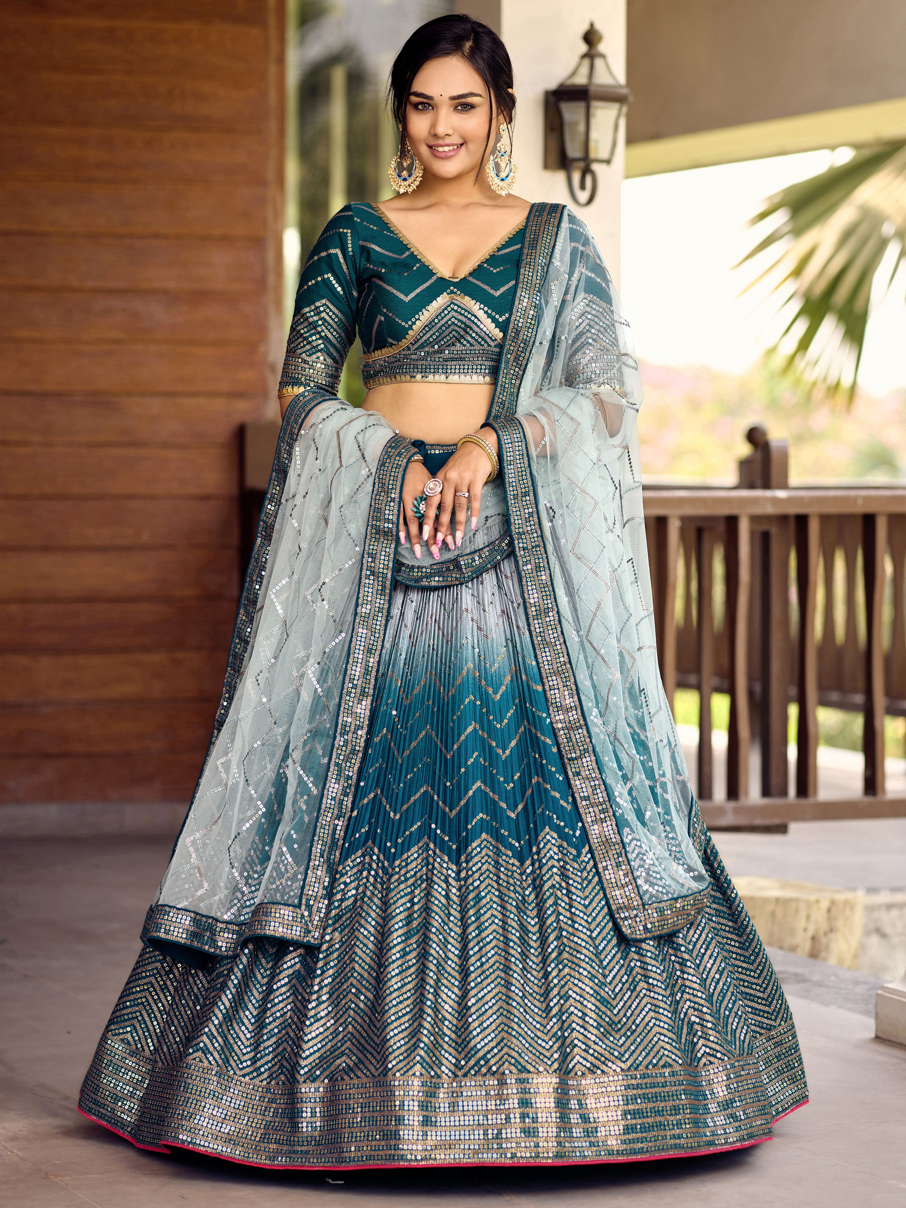 Ready To Wear | Women's Blue Chinon Sequins Thread Embroidered Lehenga Choli & Dupatta