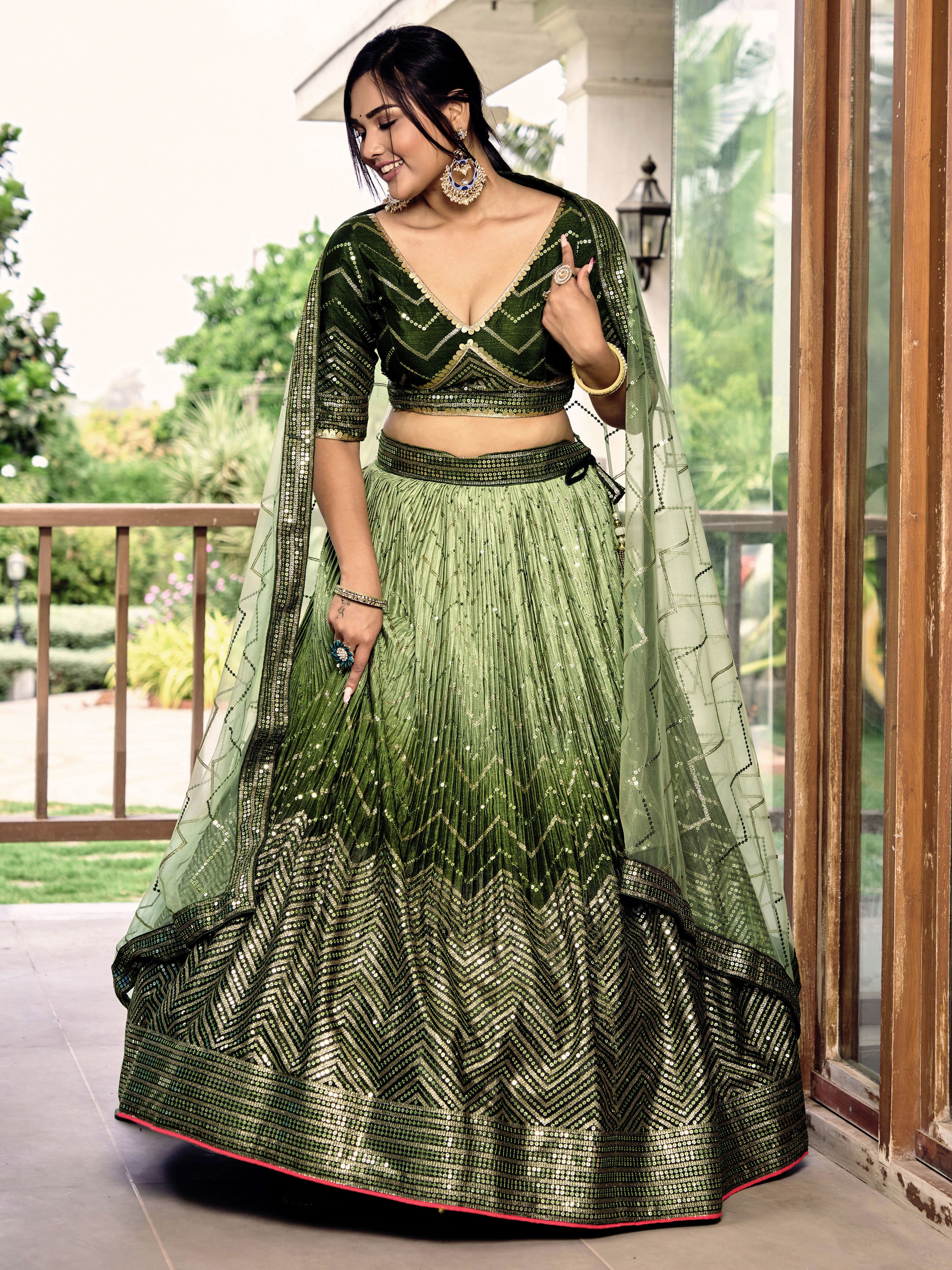 Ready To Wear | Women's Green Chinon Sequins Thread Embroidered Lehenga Choli & Dupatta