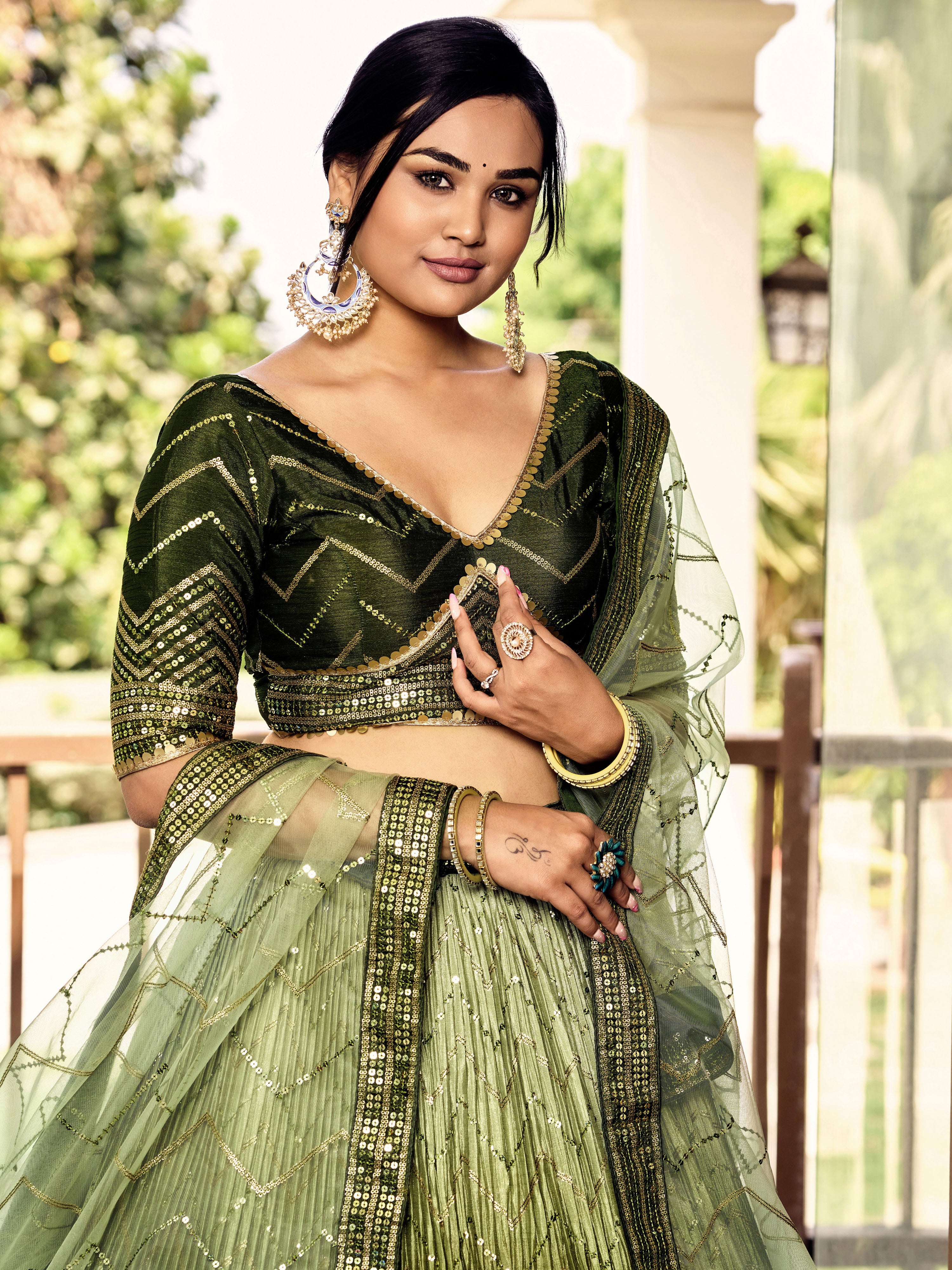 Ready To Wear | Women's Green Chinon Sequins Thread Embroidered Lehenga Choli & Dupatta