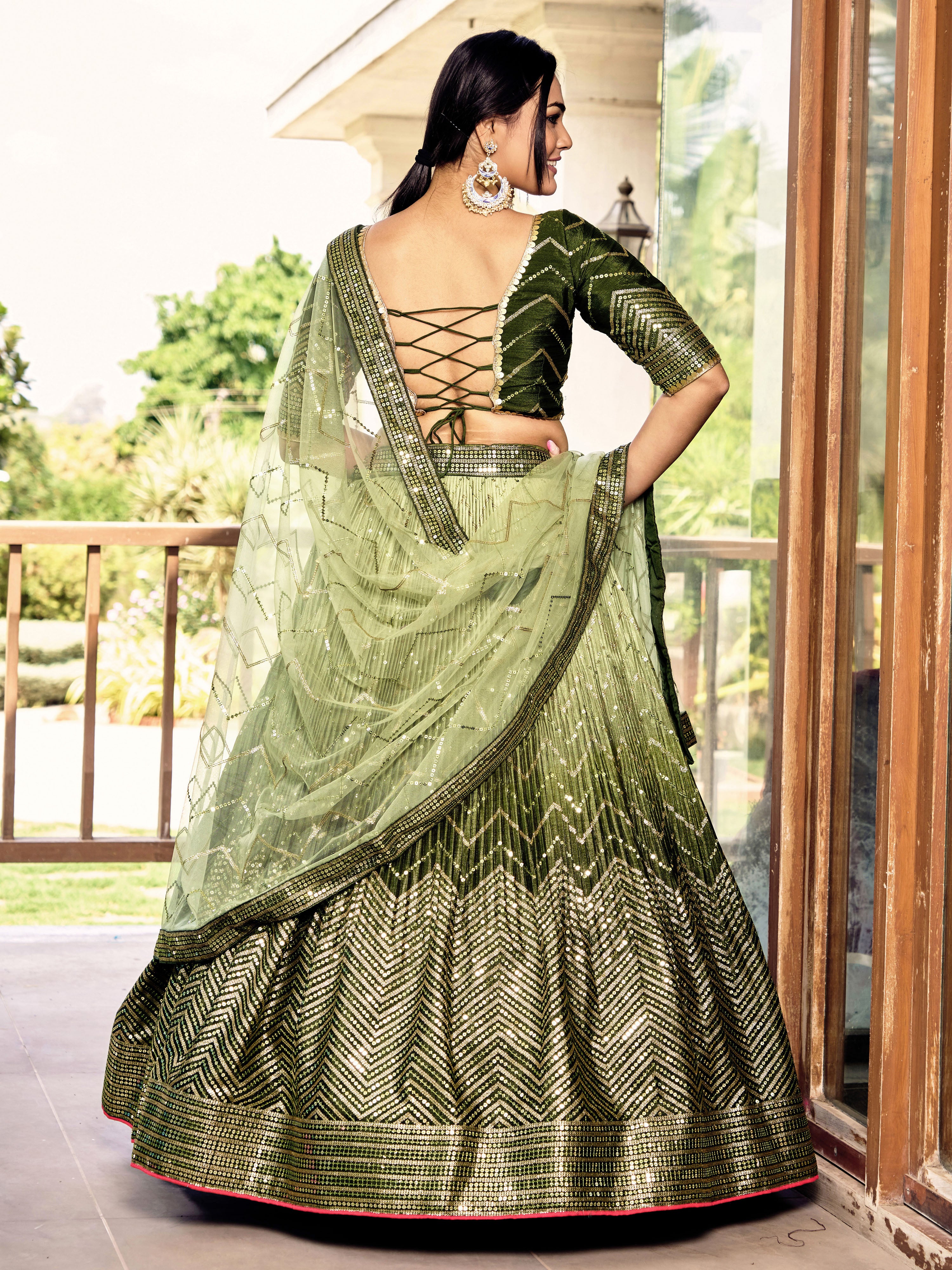 Ready To Wear | Women's Green Chinon Sequins Thread Embroidered Lehenga Choli & Dupatta