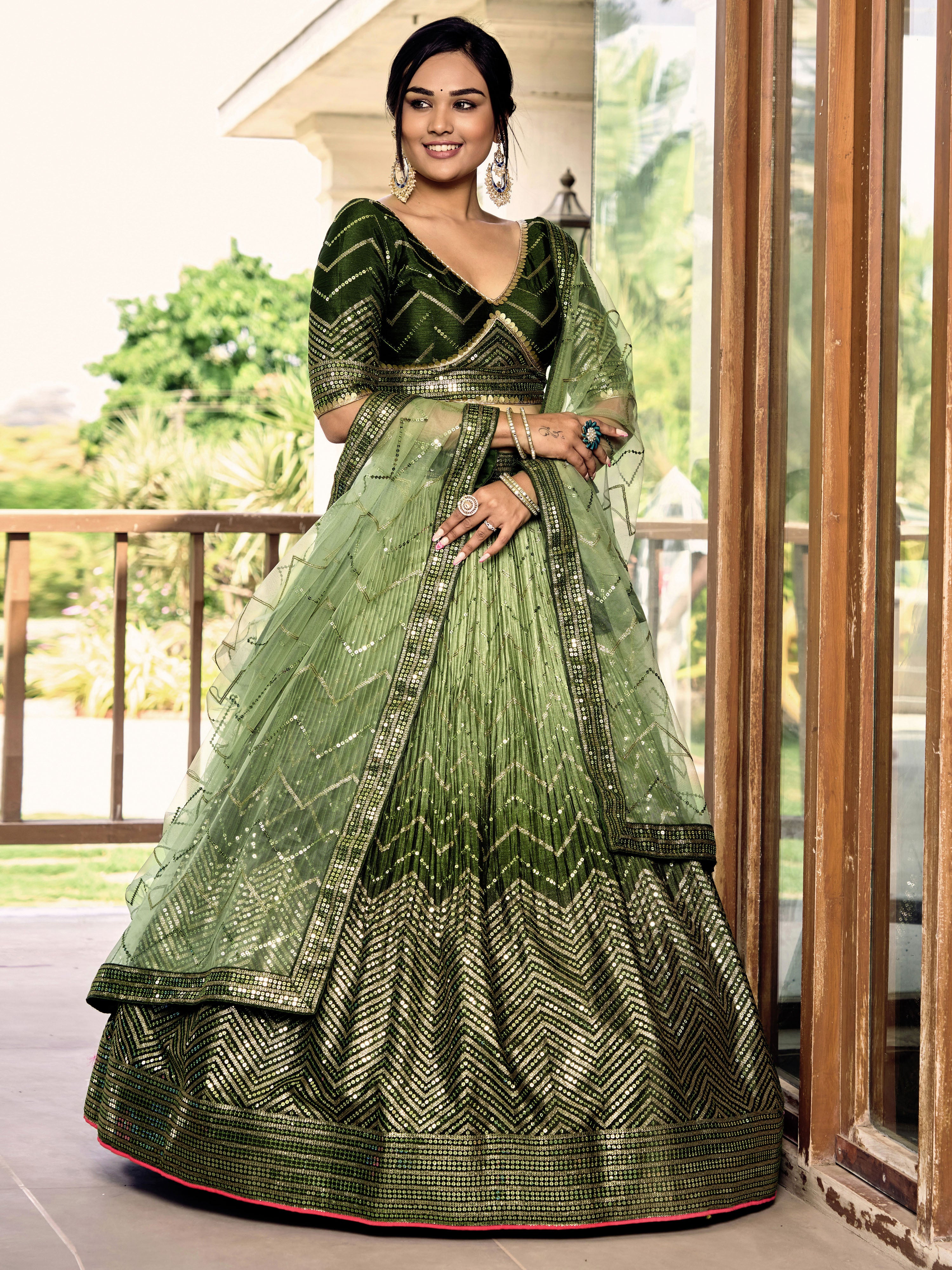 Ready To Wear | Women's Green Chinon Sequins Thread Embroidered Lehenga Choli & Dupatta