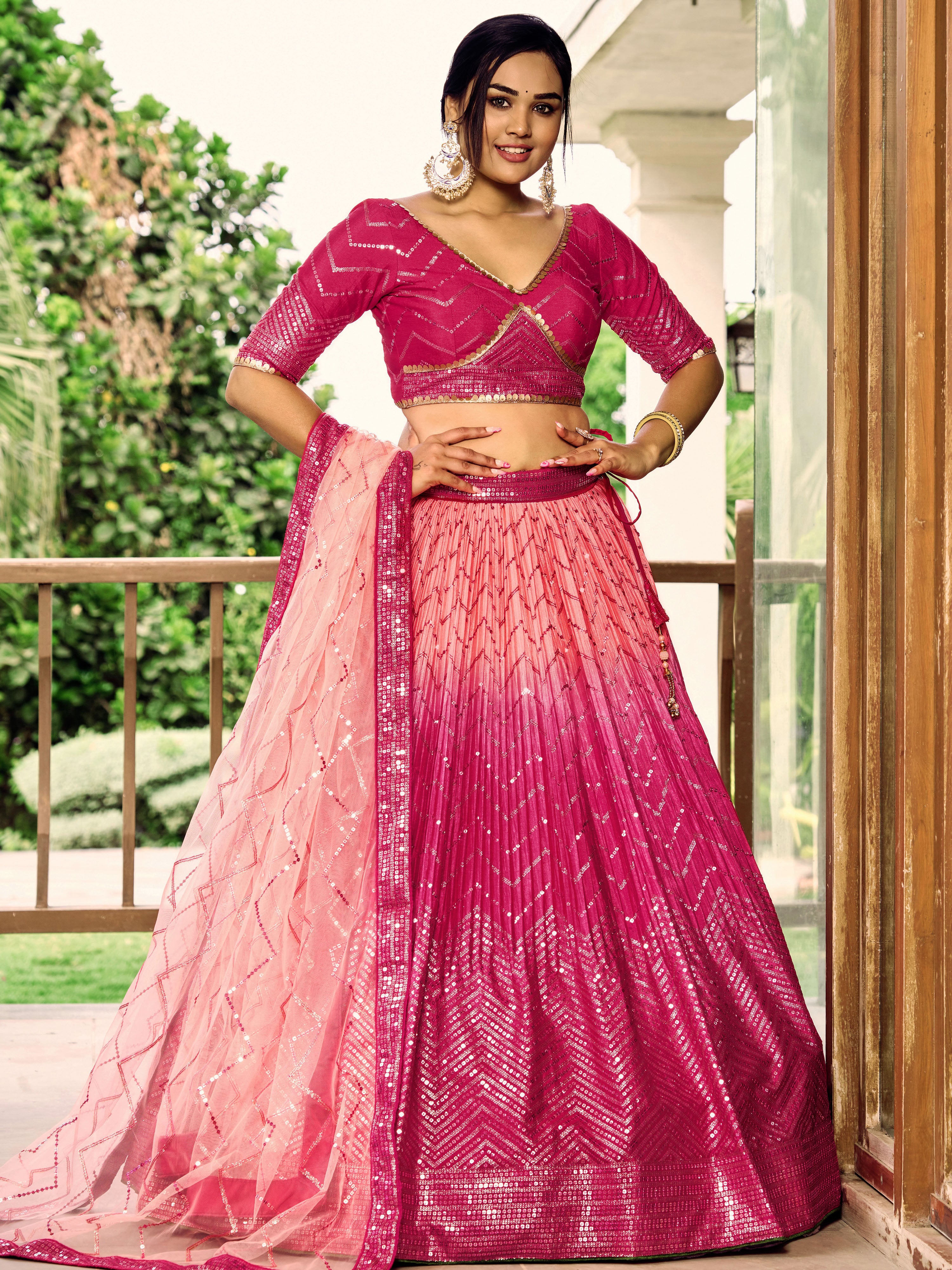 Ready To Wear | Women's Pink Chinon Sequins Thread Embroidered Lehenga Choli & Dupatta