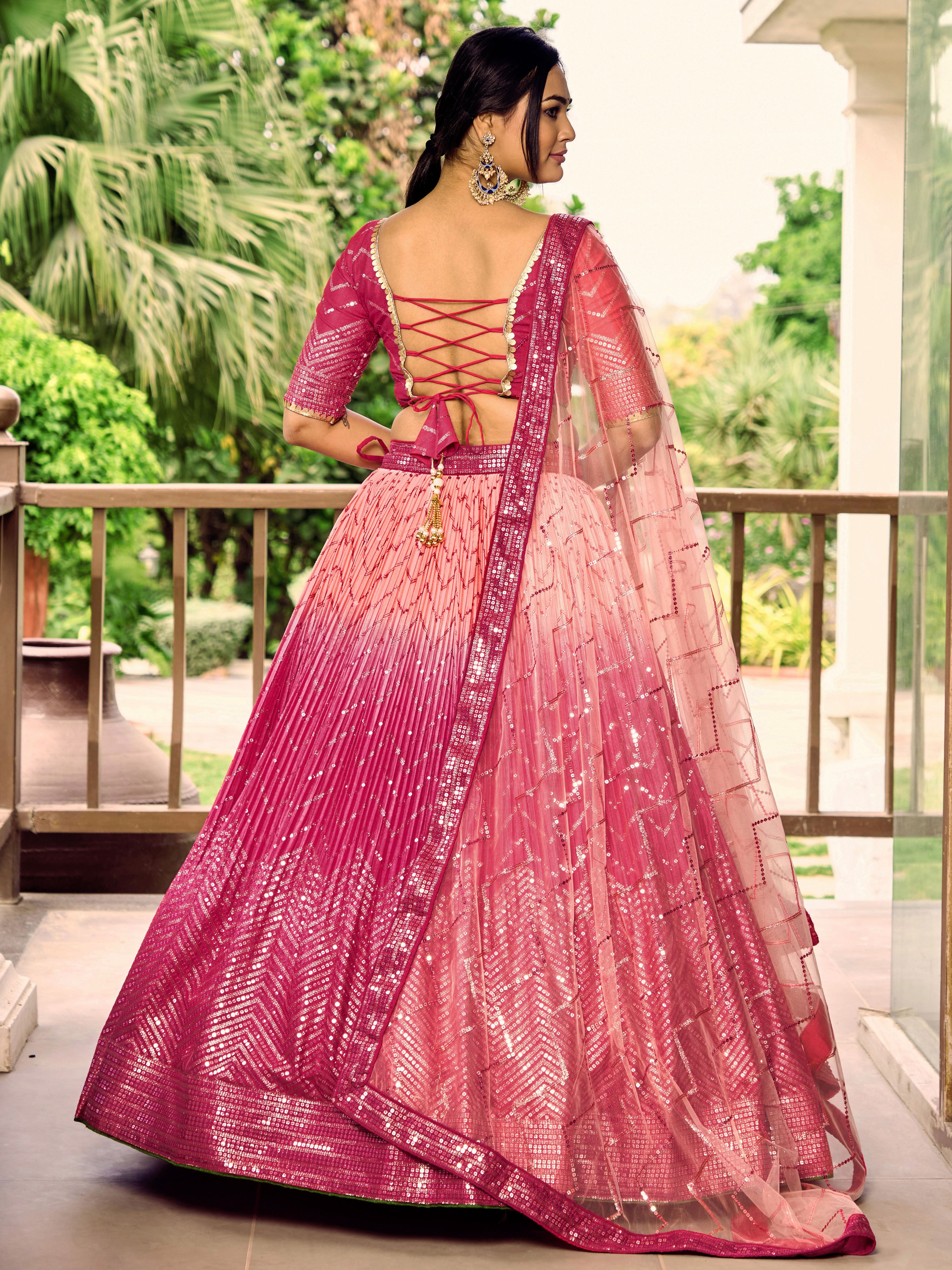 Ready To Wear | Women's Pink Chinon Sequins Thread Embroidered Lehenga Choli & Dupatta