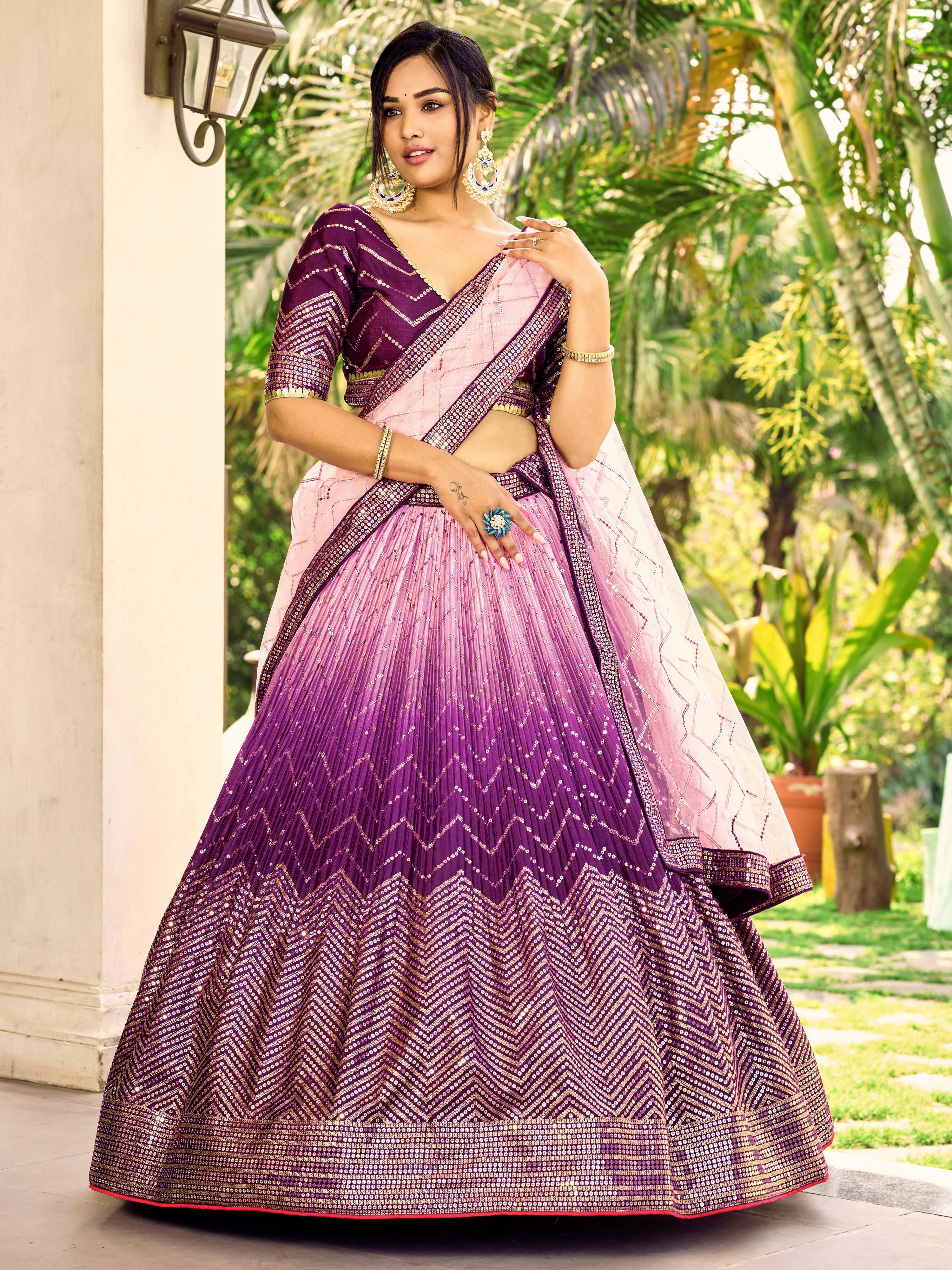 Ready To Wear | Women's Purple Chinon Sequins Thread Embroidered Lehenga Choli & Dupatta