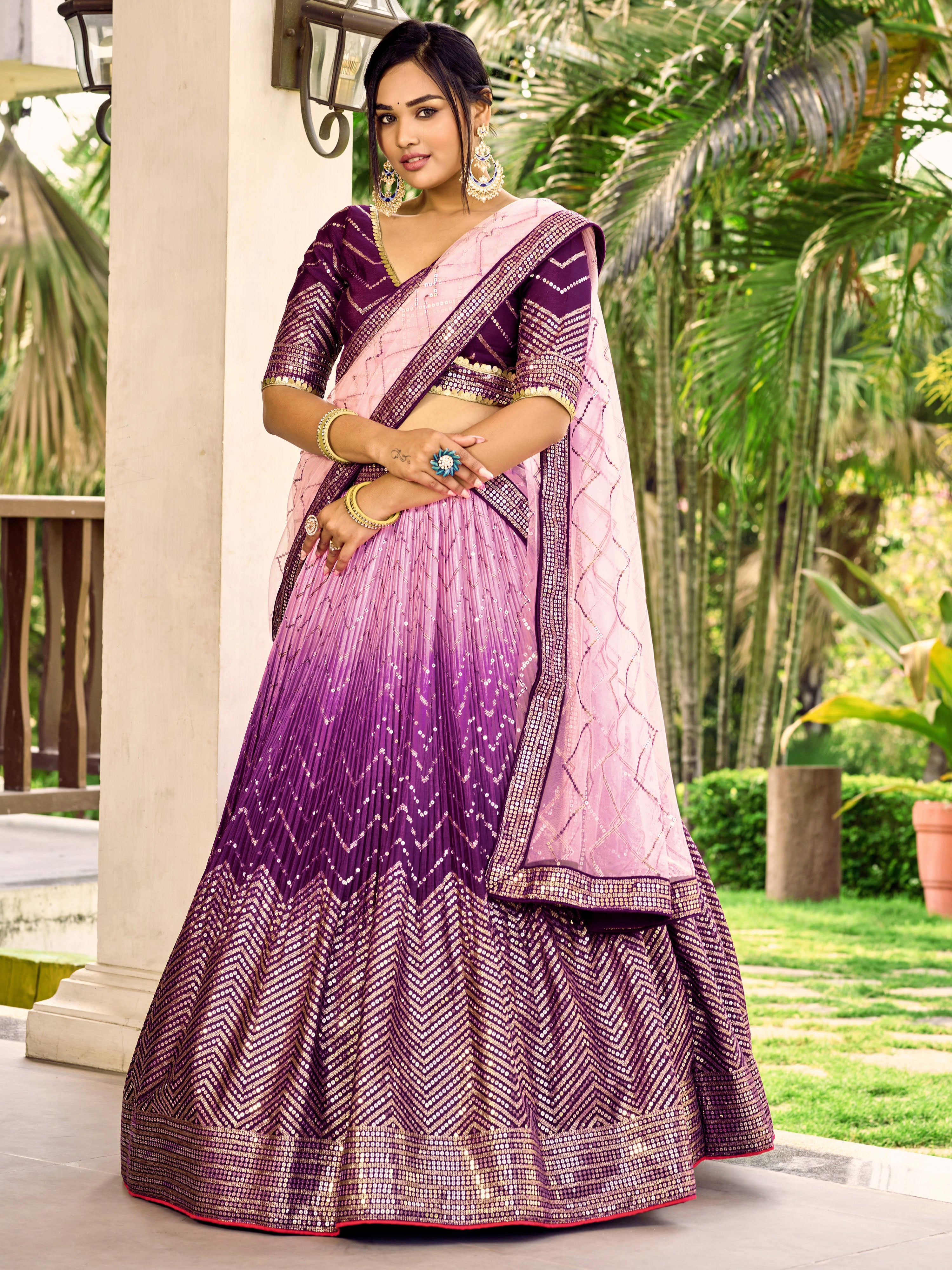 Ready To Wear | Women's Purple Chinon Sequins Thread Embroidered Lehenga Choli & Dupatta