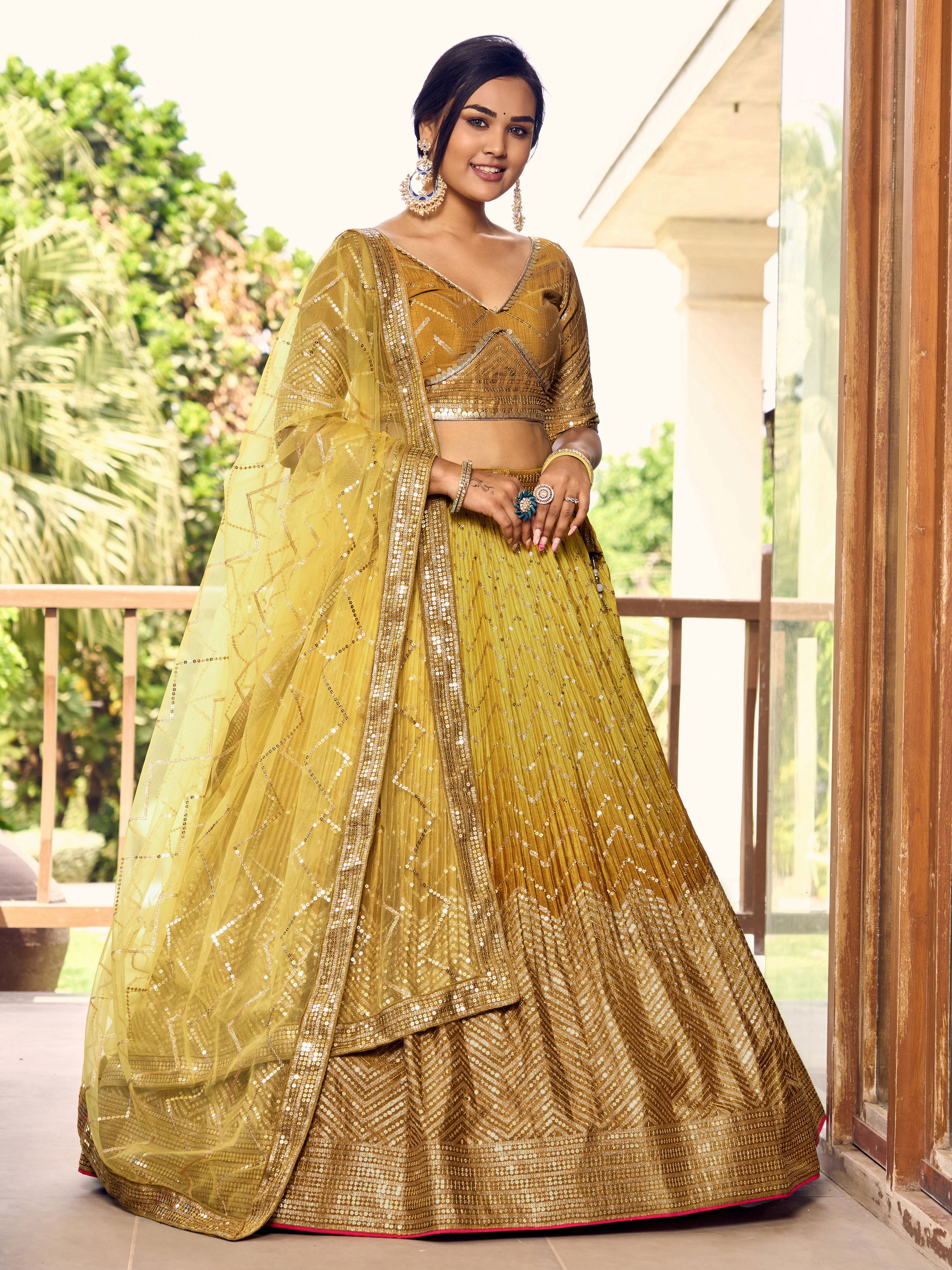 Ready To Wear | Women's Yellow Chinon Sequins Thread Embroidered Lehenga Choli & Dupatta