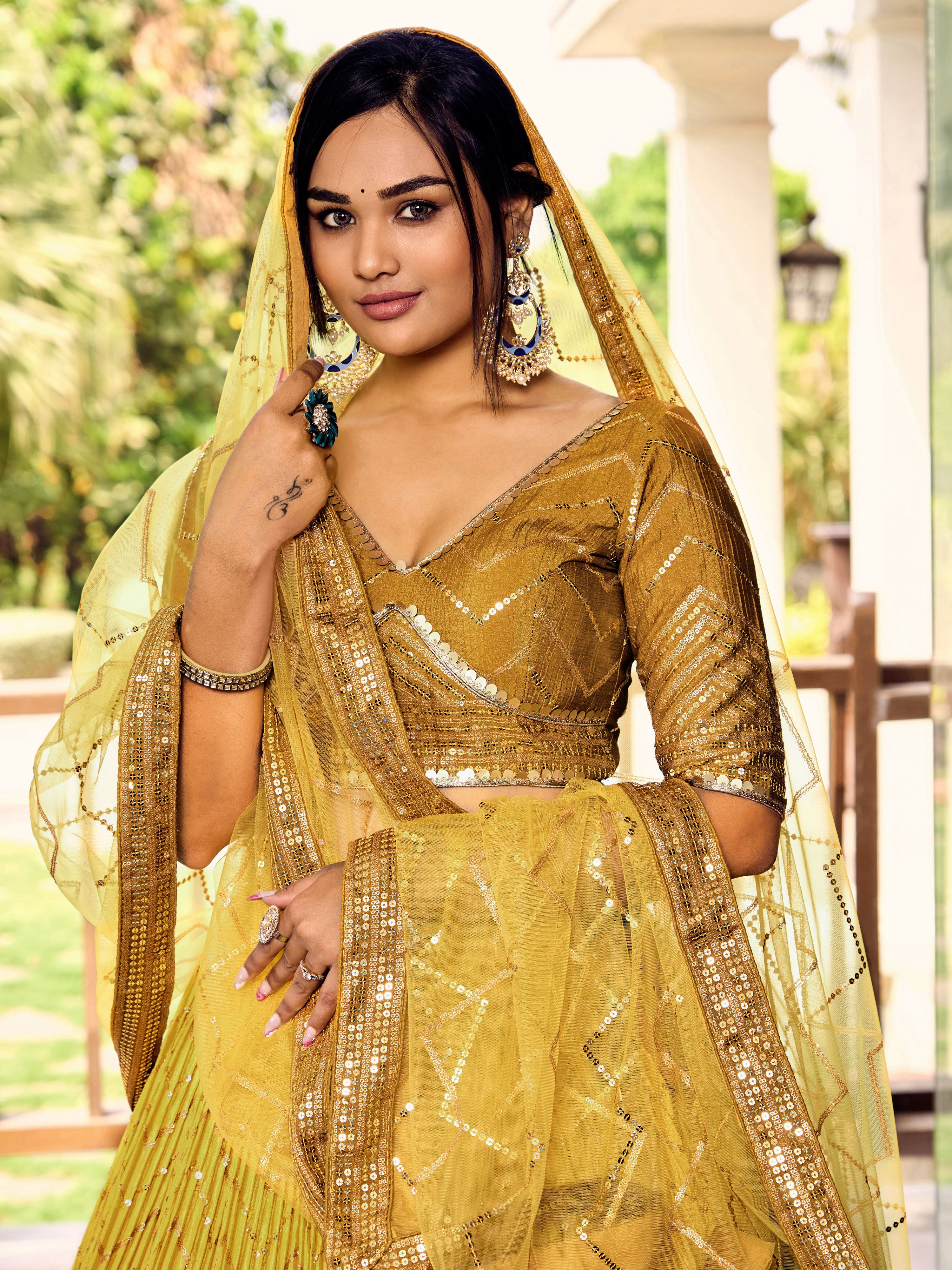 Ready To Wear | Women's Yellow Chinon Sequins Thread Embroidered Lehenga Choli & Dupatta