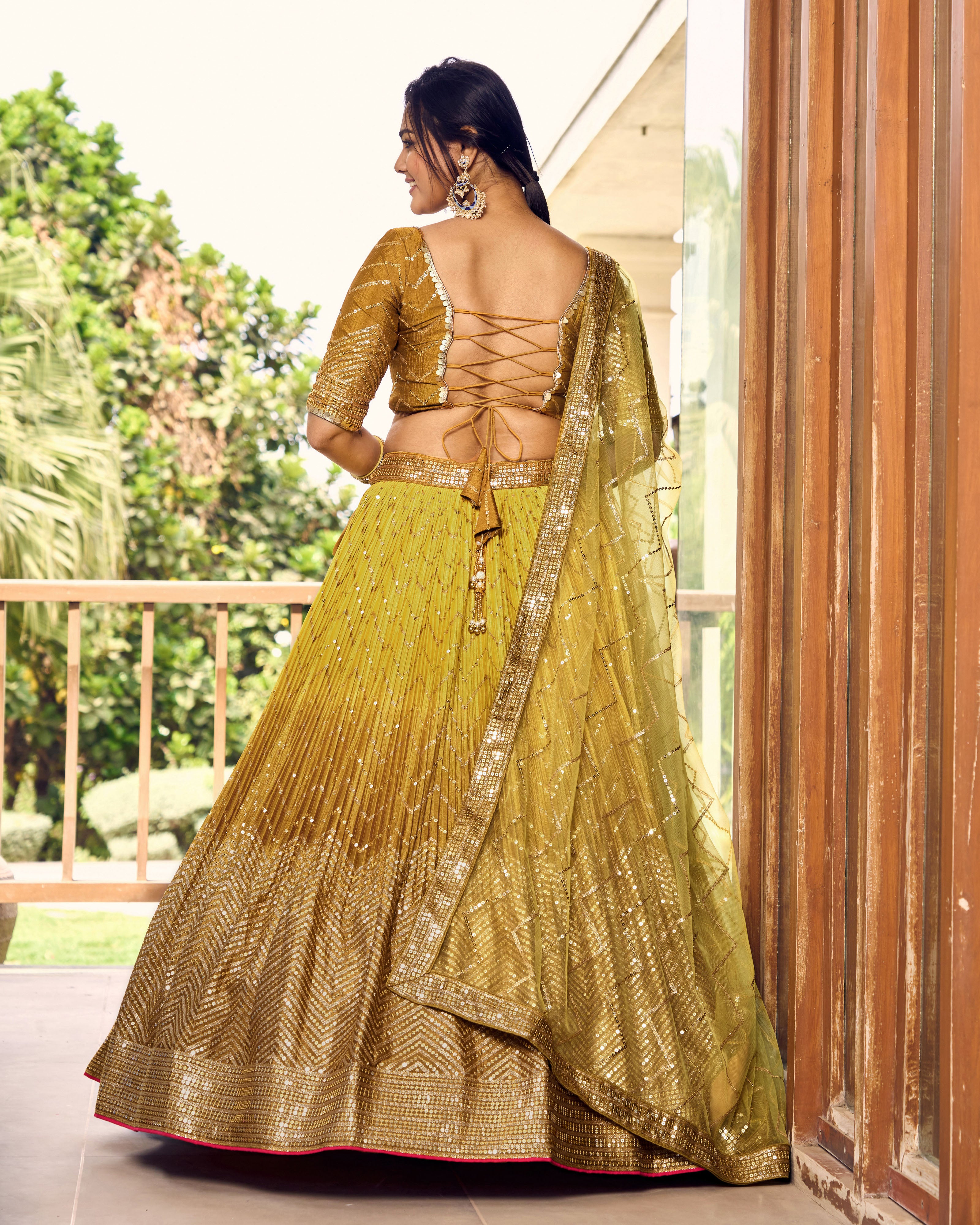 Ready To Wear | Women's Yellow Chinon Sequins Thread Embroidered Lehenga Choli & Dupatta