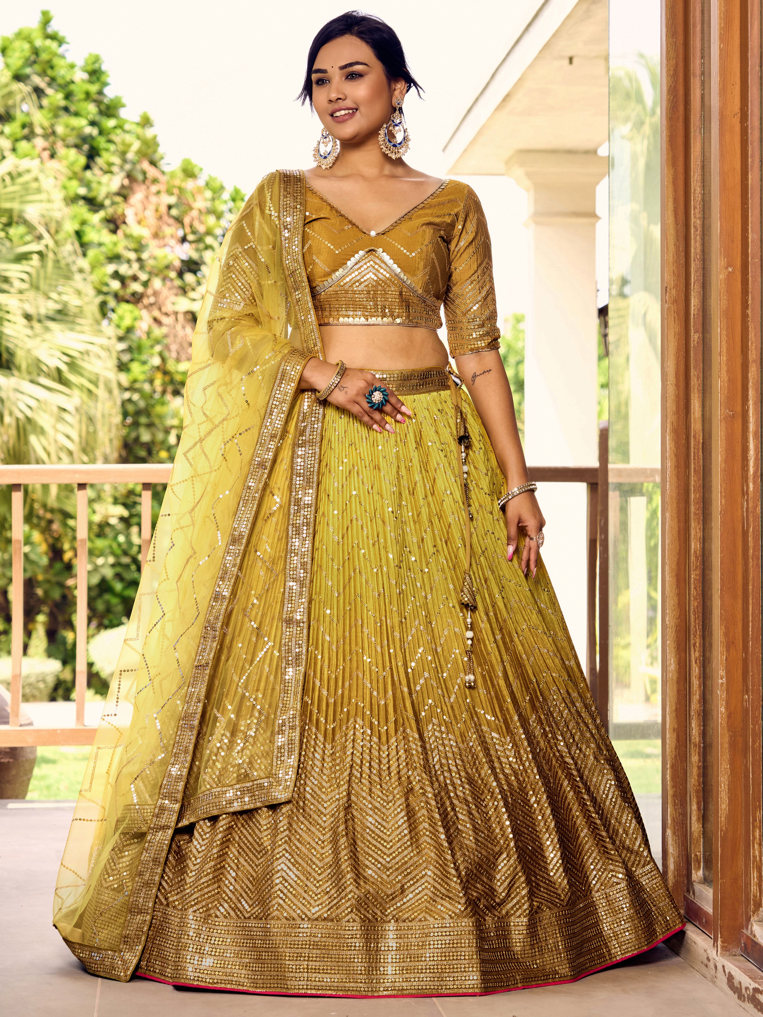 Ready To Wear | Women's Yellow Chinon Sequins Thread Embroidered Lehenga Choli & Dupatta