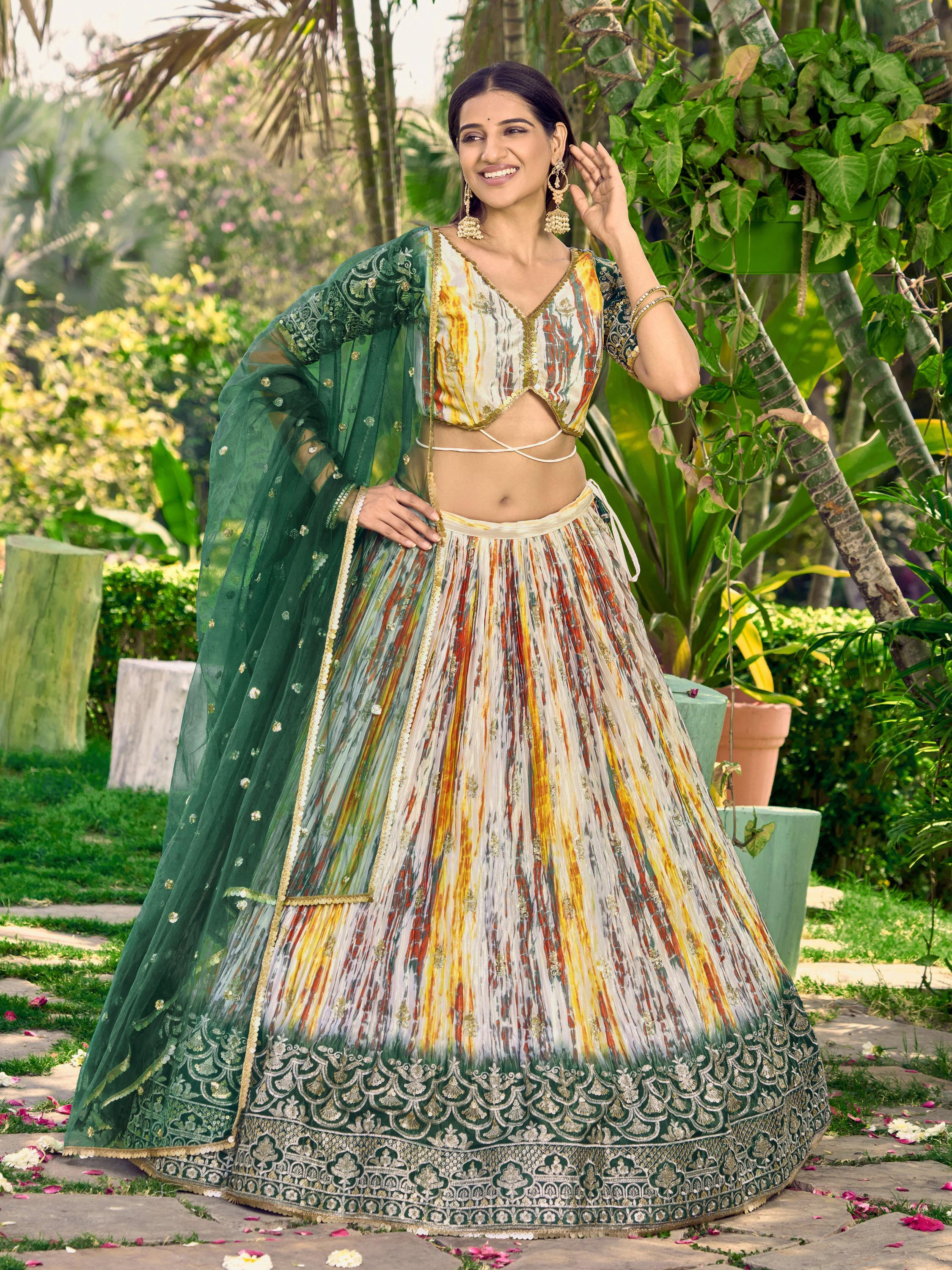 Ready To Wear | Women's Green Chinon Digital Print with Sequins Zari Embroidered Lehenga Choli & Dupatta