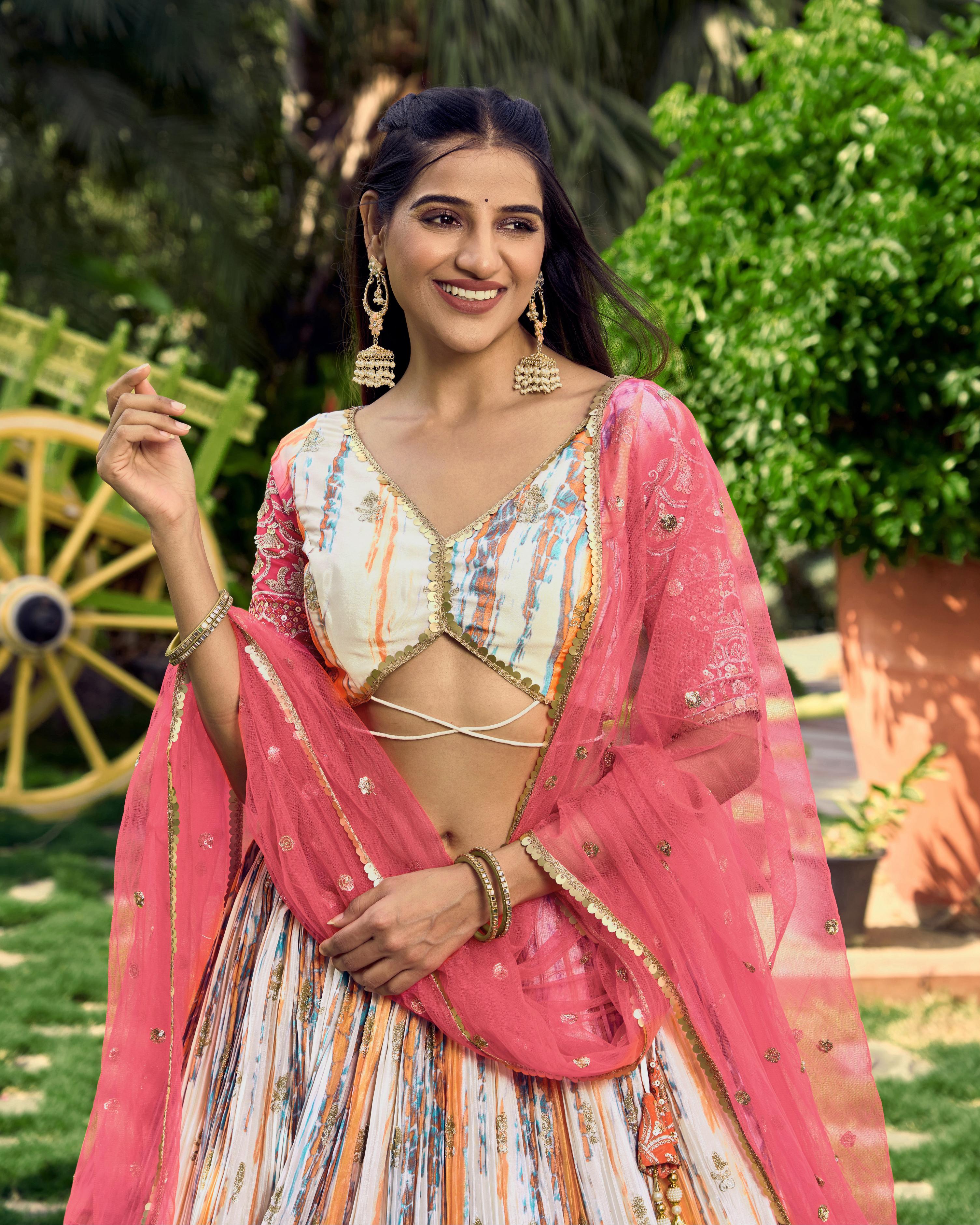 Ready To Wear | Women's Pink Chinon Digital Print with Sequins Zari Embroidered Lehenga Choli & Dupatta