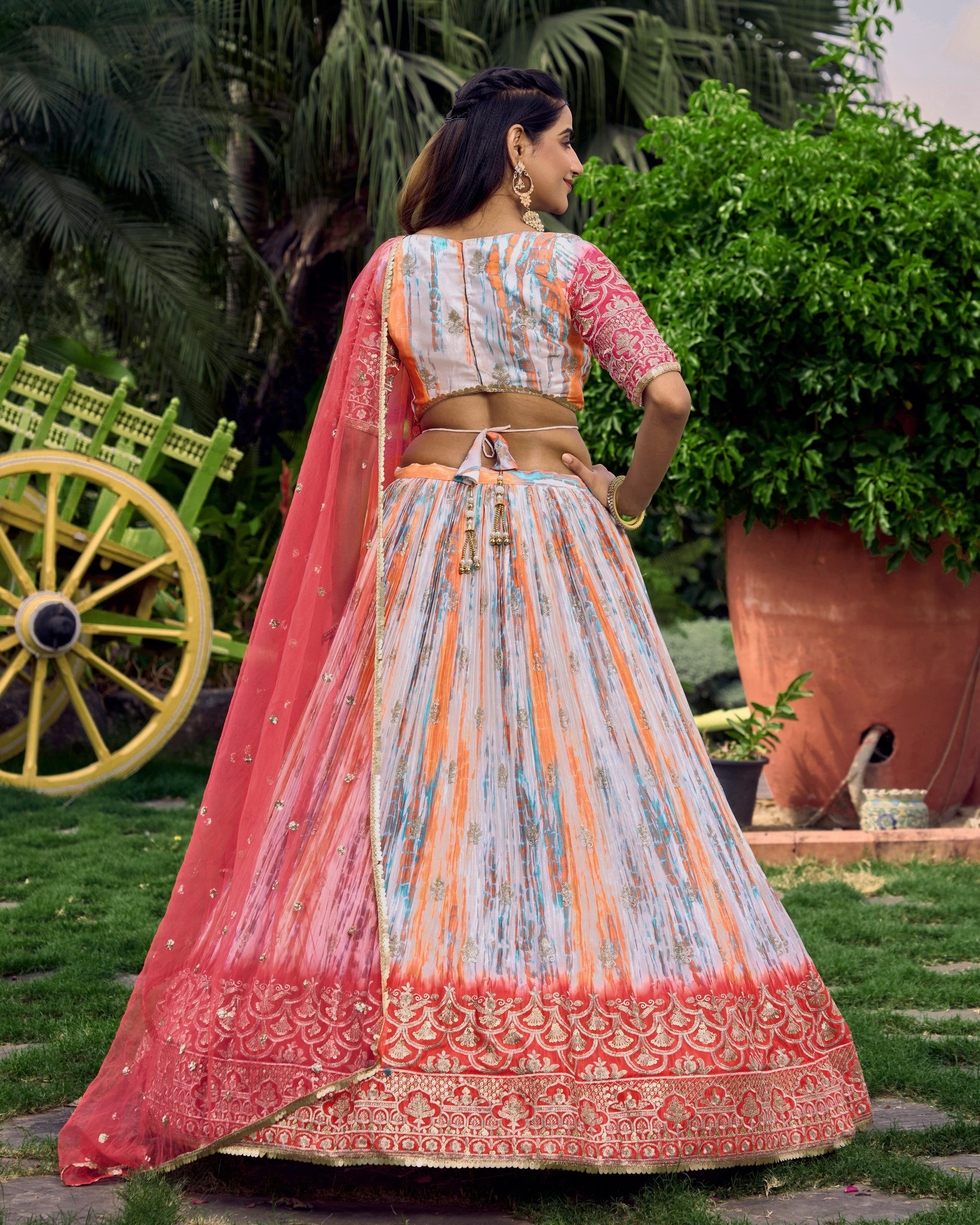 Ready To Wear | Women's Pink Chinon Digital Print with Sequins Zari Embroidered Lehenga Choli & Dupatta