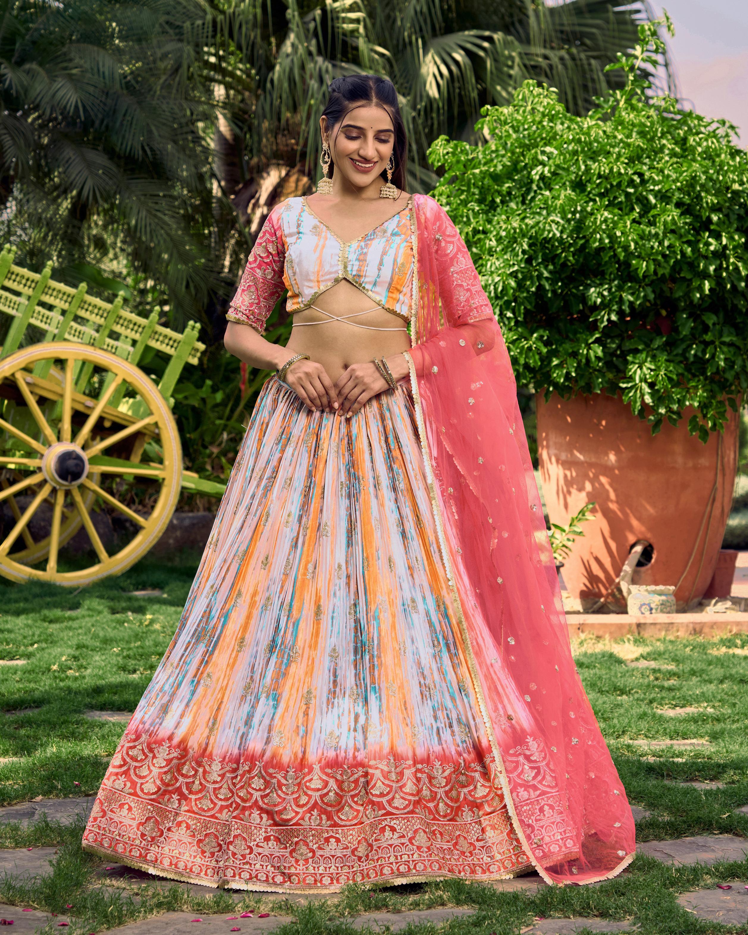 Ready To Wear | Women's Pink Chinon Digital Print with Sequins Zari Embroidered Lehenga Choli & Dupatta