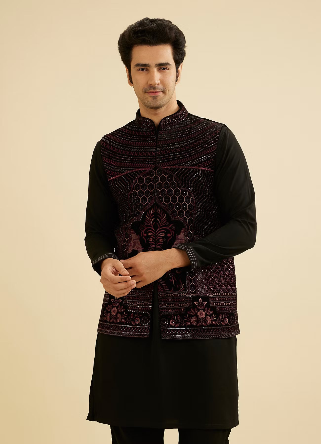 Manyavar Midnight Embroidered Jacket Set with Sequin Work | Ready To Wear