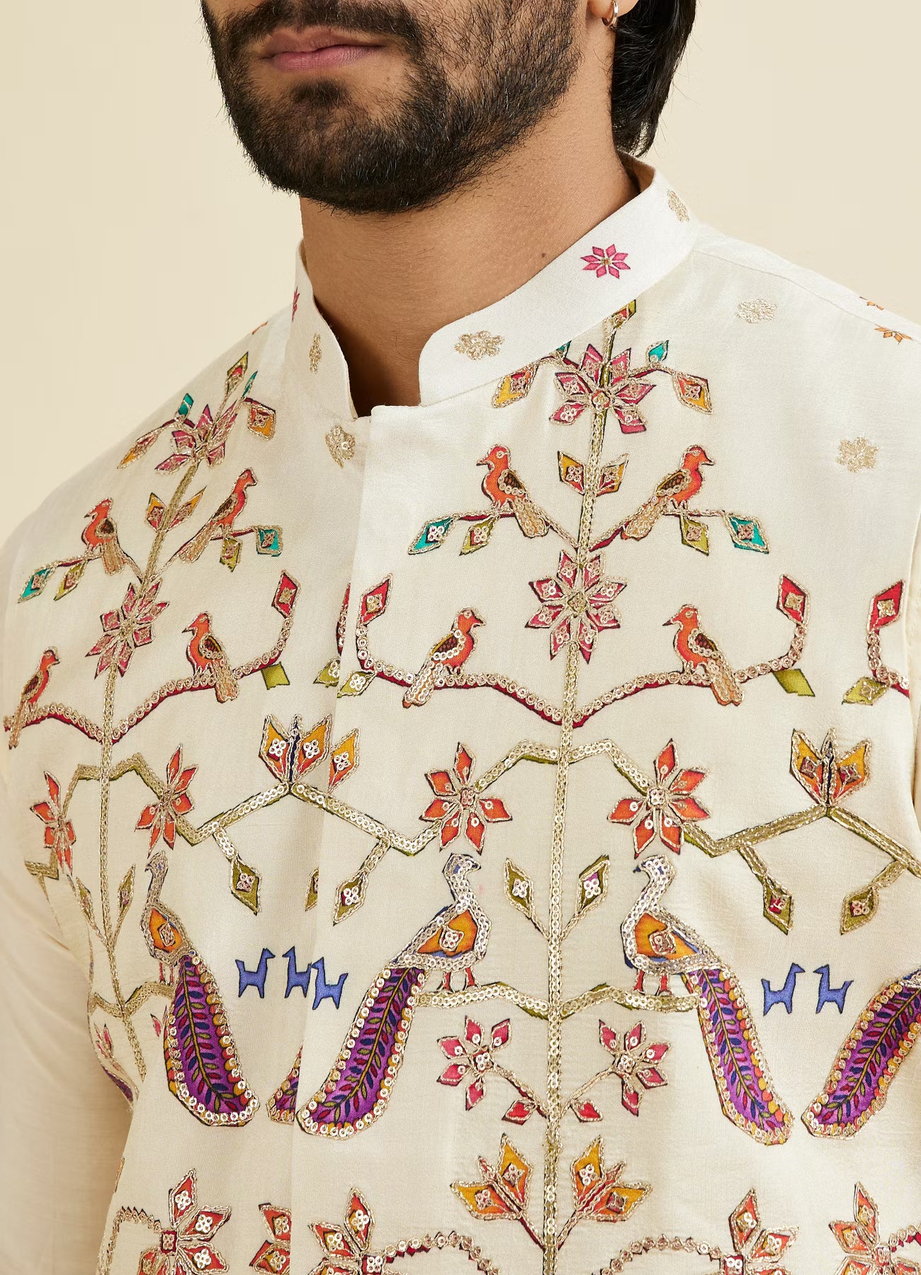 Manyavar Costal Cream Elegance Kurta Jacket Set | Ready To Wear